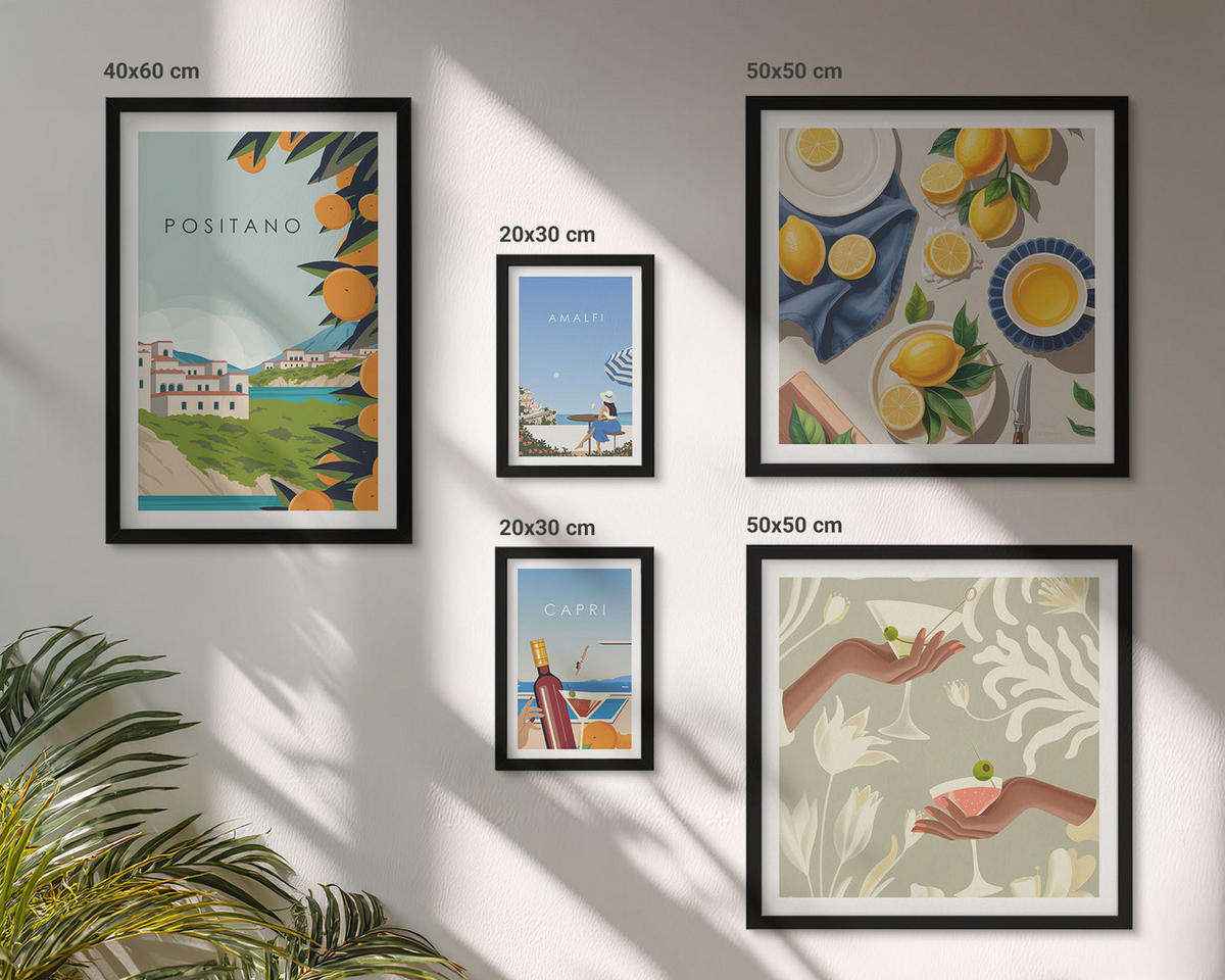 BILDER SET 5er Set - 50x50 cm & 20x30 cm & 40x60 cm Schwarzer Rahmen - Fruchtmuster und italienische Kultur - Schwarz, Kunststoff (40/60cm) - TULUP