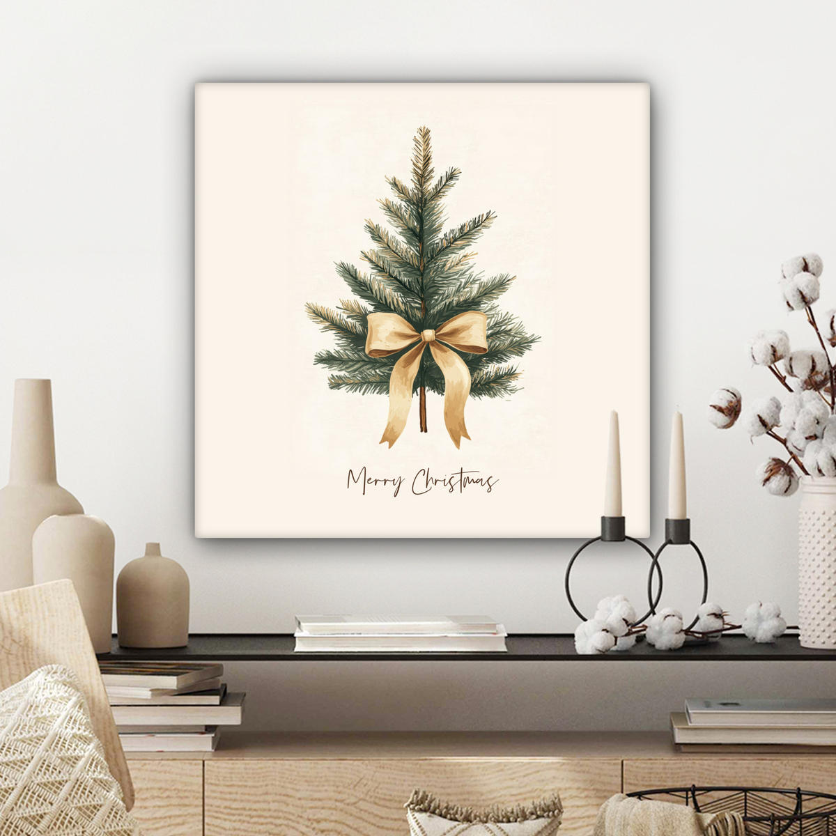 LEINWANDBILD Weihnachtsbaum - Weihnachten - Frohe Weihnachten - Beige Wandbild Wohnzimmer 50x50 cm - Sandfarben, Textil (50/50cm) - MuchoWow