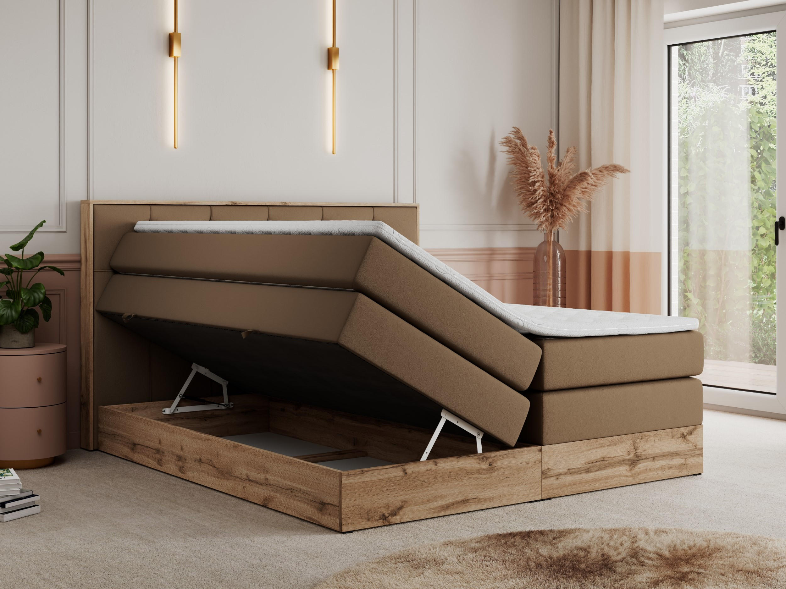 Thumbnail - MKS Boxspringbett, Braun, Textil, 2-Sitzer, H3, Rechteckig, 160x200 cm, Schlafzimmer, Betten, Boxspringbetten