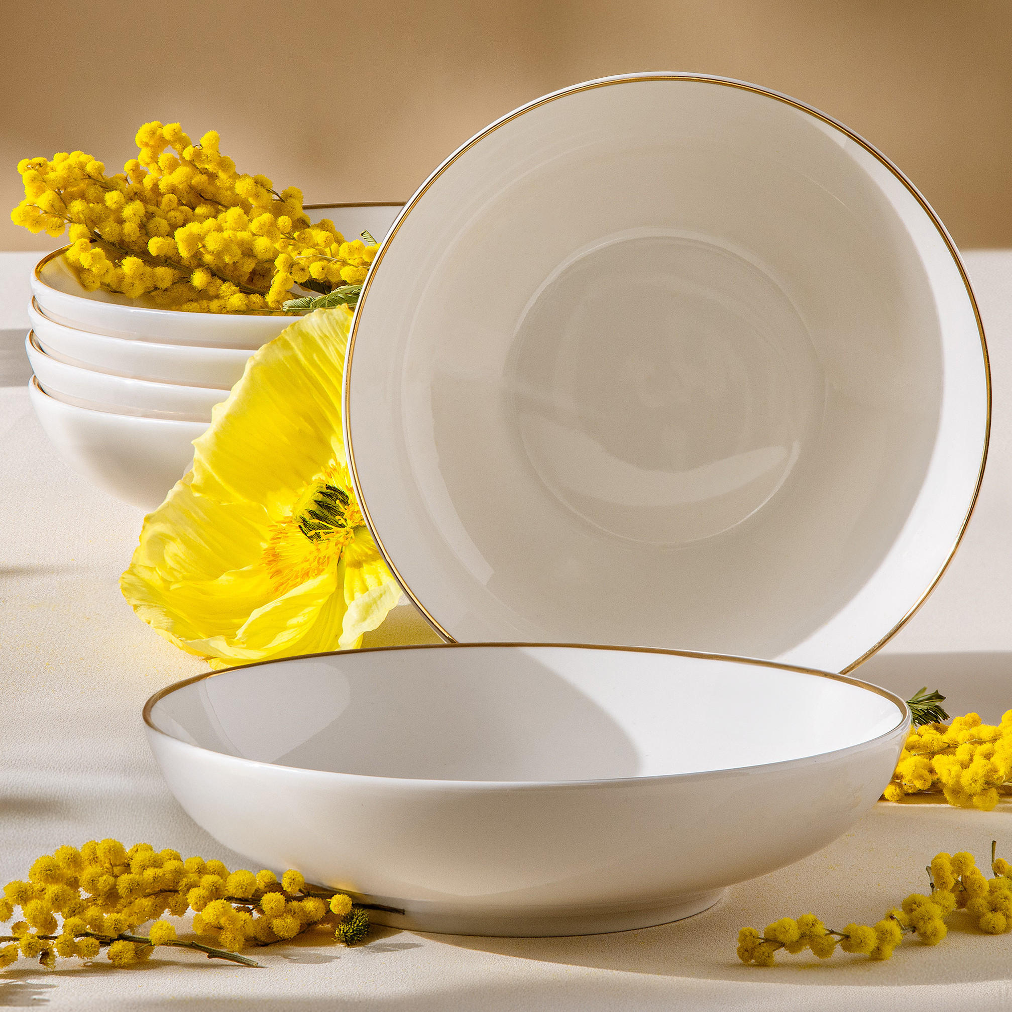 SUPPENTELLER-SET AD BELLA, 6-tlg - Ecru/Goldfarben, Keramik (20cm) - KONSIMO®