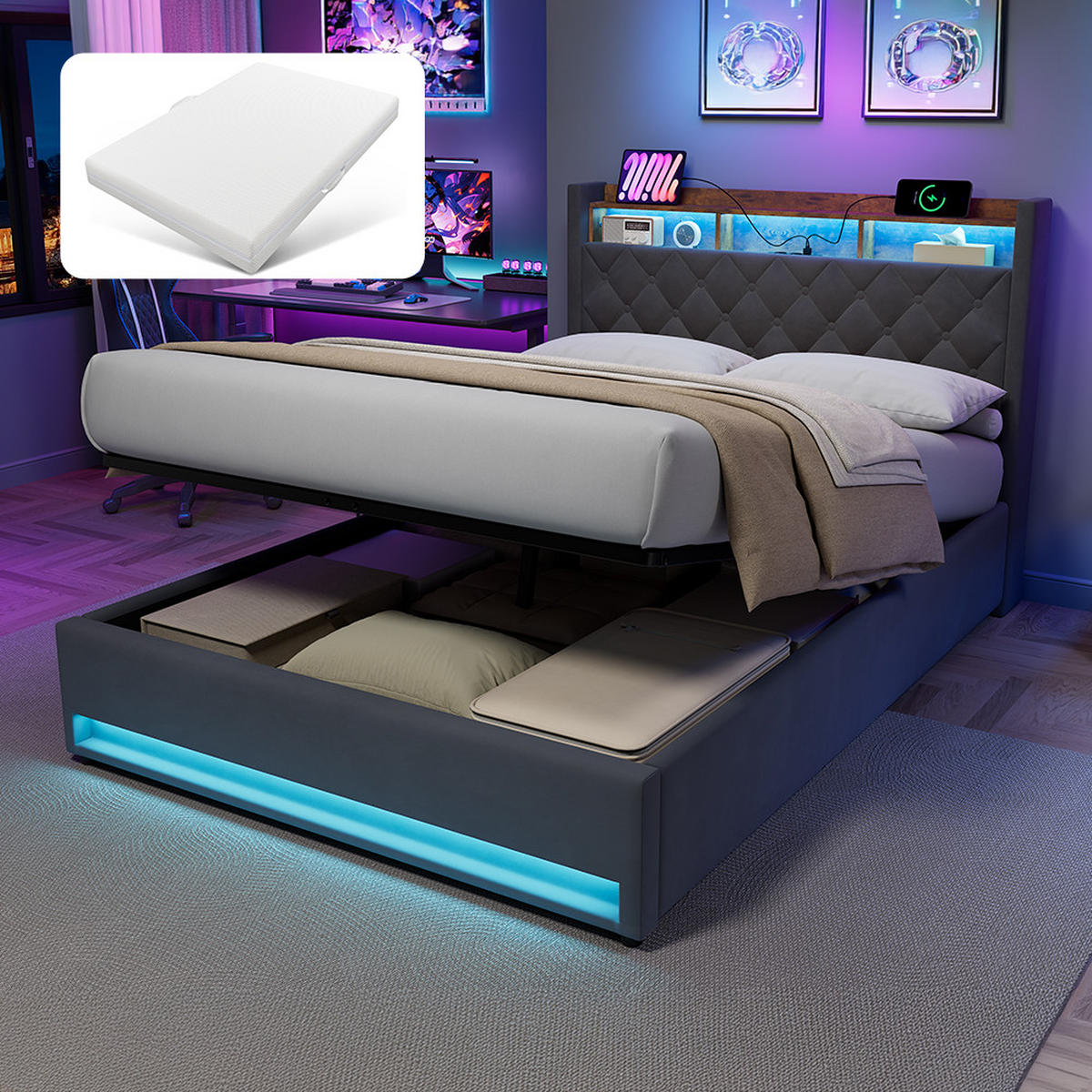 POLSTERBETT 140/200 cm mit Matratze und Bettkasten Boxspringbett mit Steckdose und LED-Licht, in Grau - Grau, Holzwerkstoff/Textil (140/200cm) - STILVORA