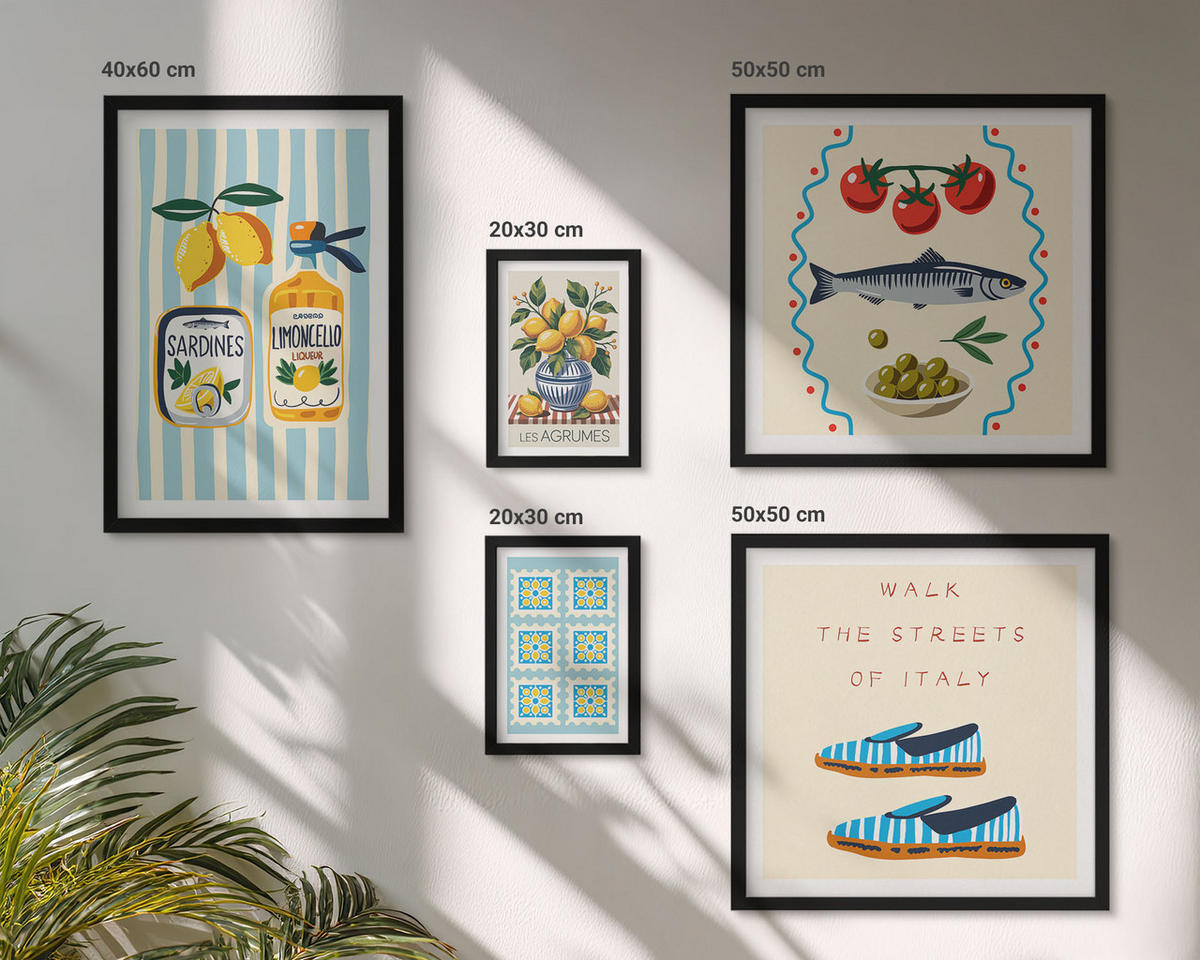 BILDER SET 5er Set - 50x50 cm & 20x30 cm & 40x60 cm Schwarzer Rahmen - Italienische Aromen, farbenfrohe Bilder - Schwarz, Kunststoff (40/60cm) - TULUP