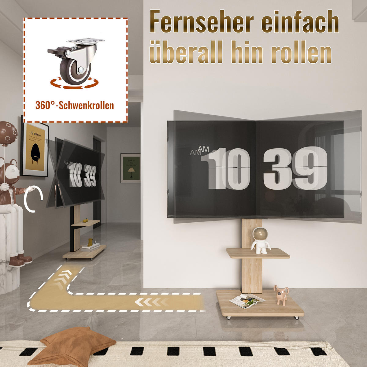 TV-ELEMENT 60/40/114-174 cm Naturholz mit Ablagefach und feststellbaren Rollen - Naturfarben, Holz (60/174/40cm) - Oxeza