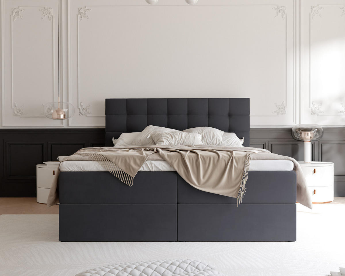 BOXBETT GRAND 140/200 cm, in Schwarz, mit Matratze und Topper - Schwarz, Holzwerkstoff/Textil (140/200cm) - Idohome