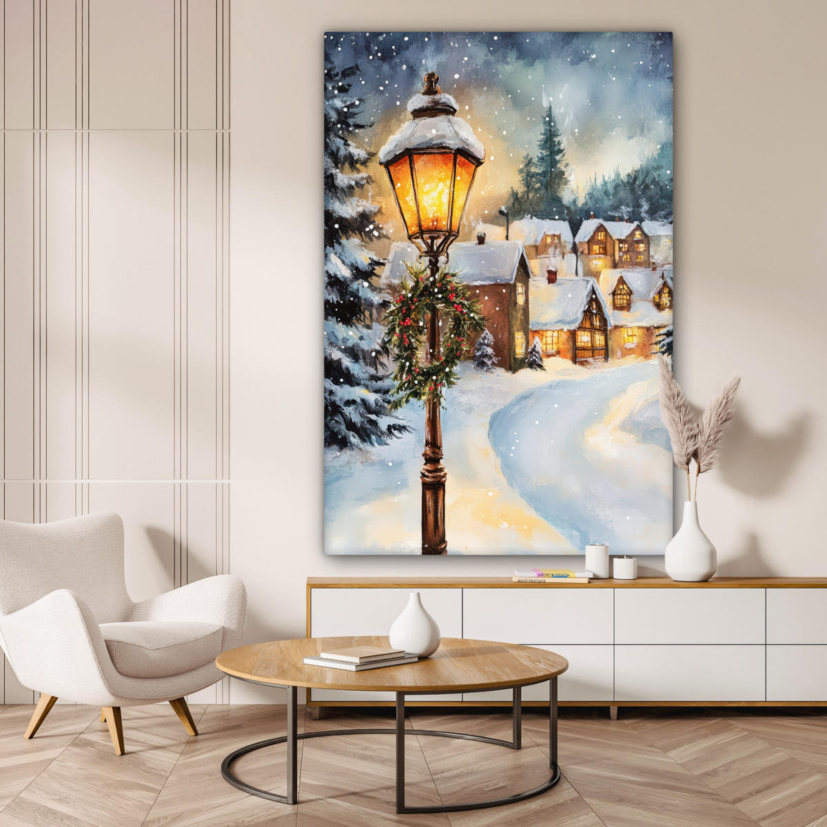 SLIKA NA PLATNU Božična vas 90x140 cm - peščene barve, tekstil (90/140cm) - MuchoWow