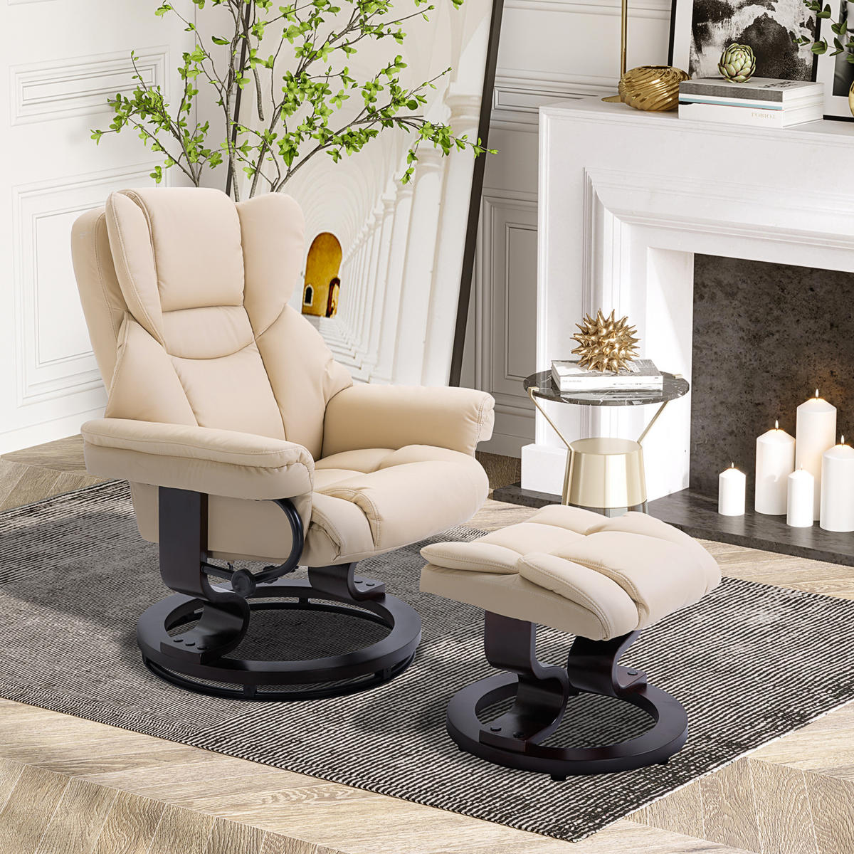 RELAXSESSEL mit Hocker, drehbarer Fernsehsessel, TV-Sessel mit Liegefunktion - Creme/Schwarz, Holz/Kunststoff (79/100/80cm) - HOMCOM