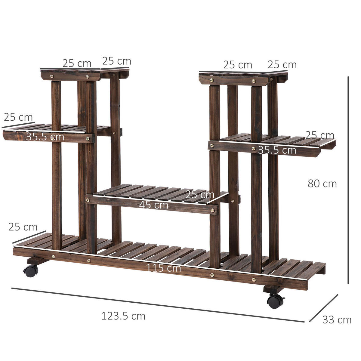 BLUMENTREPPE aus Holz 123,5x33x80 cm in Dunkelbraun mit Rollen - Dunkelbraun, Holz (33/80/123.5cm) - Modfu