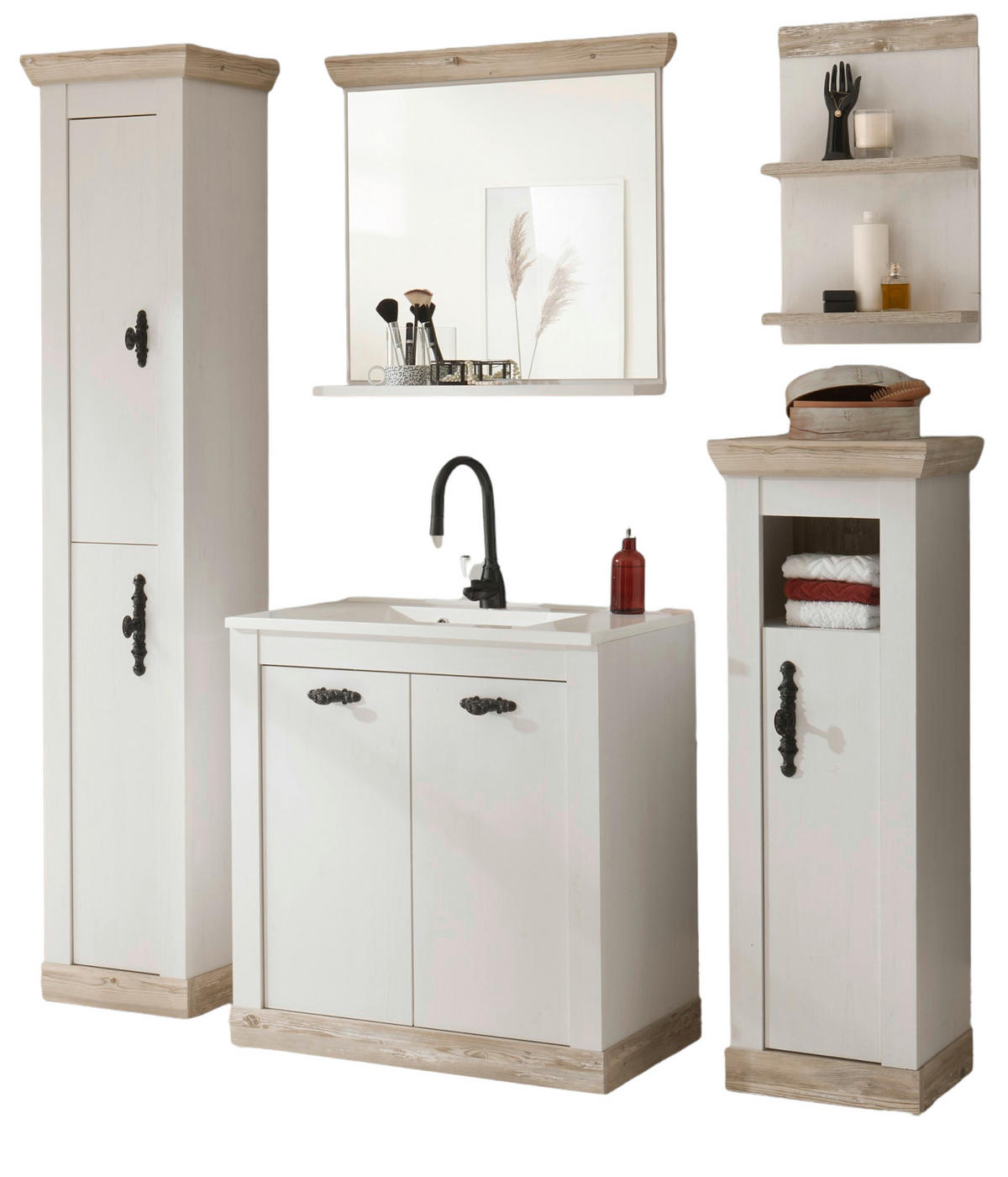 BADKOMBINATION Pinie weiß, Oslo Pinie, Landhaus Badmöbel Set 6-tlg. MIT Waschbecken 205 x 200 cm - Dunkelgrau/Weiß, Holzwerkstoff/Metall (205/200/46cm) - Furn.Design