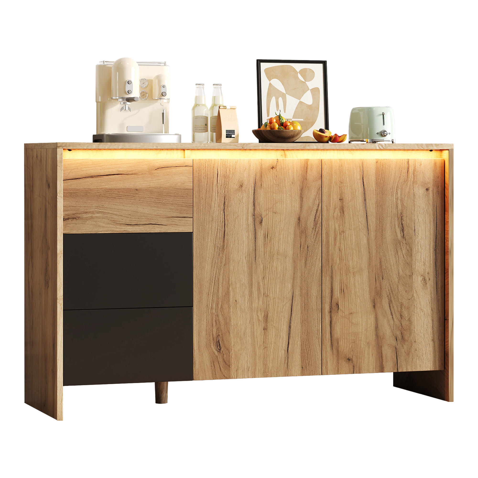 SIDEBOARD 120/40/76 cm mit 2 Türen, 3 Schubladen und LED-Beleuchtung - Schwarz, Holzwerkstoff (120/76/40cm) - BEAOK