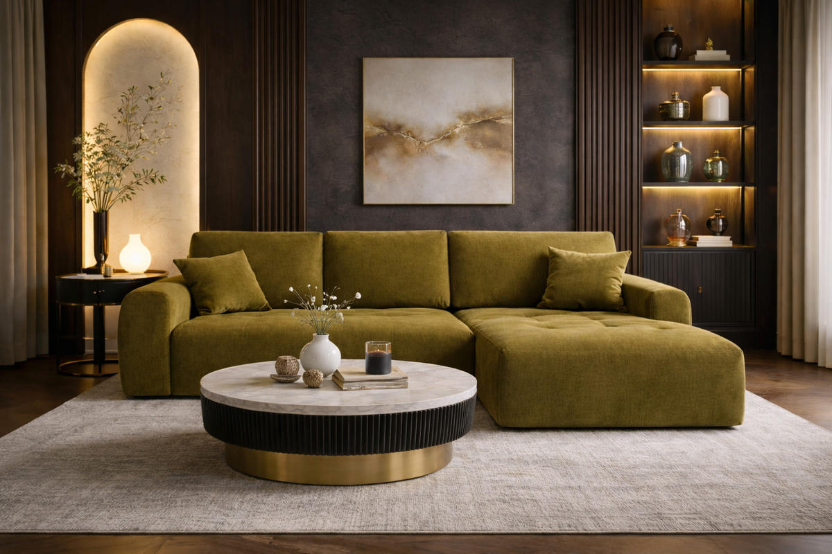 ECKSOFA Mit Schlaffunktion Und Bettkasten L-Form Ivo XL Veloursstoff Salvador, Olive, Rechts - Olivgrün, Holz (280/142cm) - Kaiser Möbel