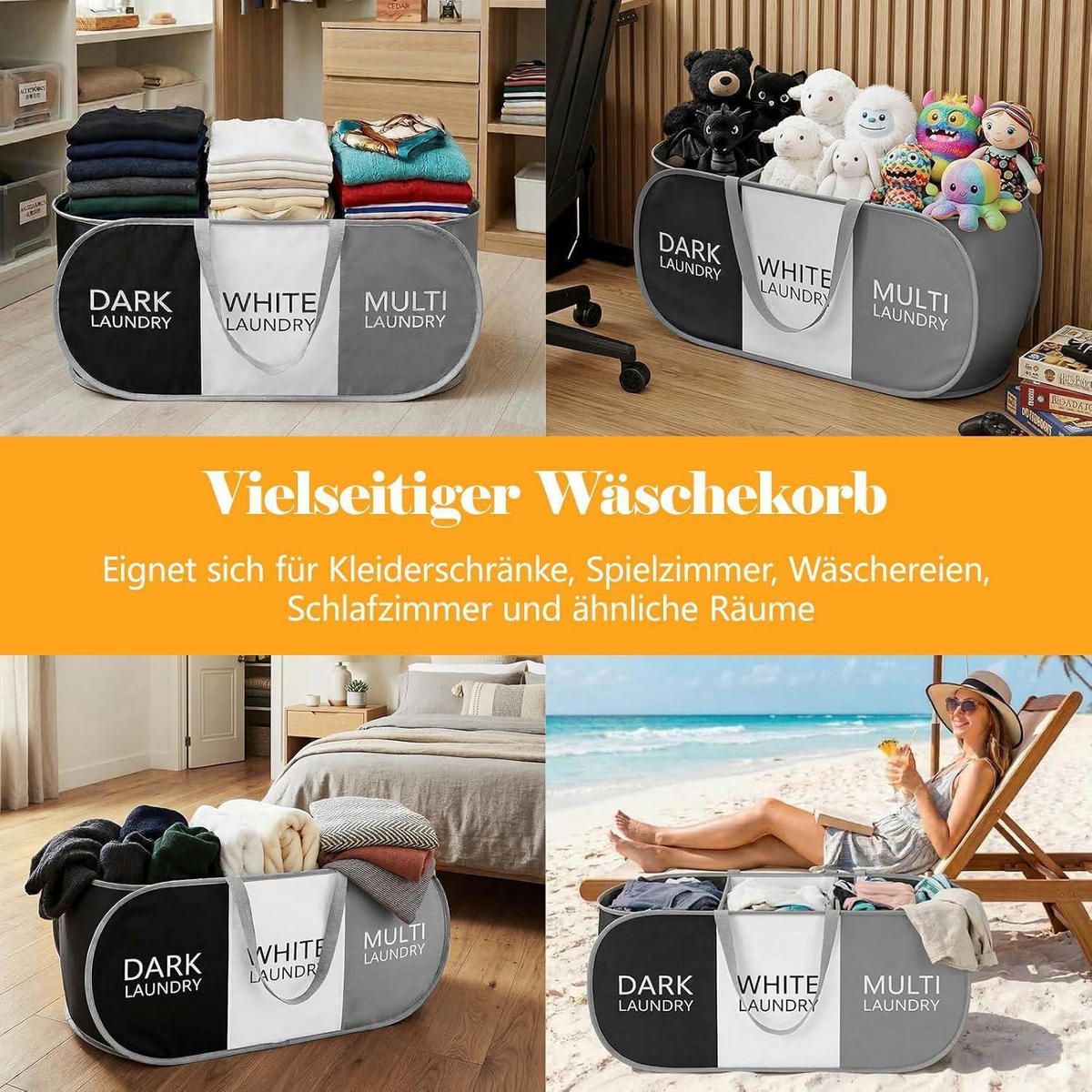 WÄSCHEKORB faltbar 3 Fächer 99L mit Griffen - Multicolor, Textil (35/35/80cm)