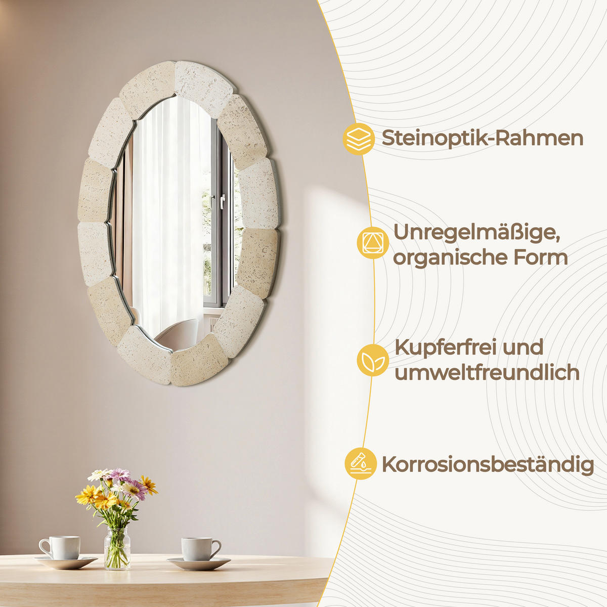 78CM H Ovaler Wandspiegel mit Polyharzrahmen Geeignet für Badezimmer, Wohnzimmer, Schlafzimmer usw. Moderner Boho-Stil - Beige/Akaziefarben, Glas/Kunststoff (78/3.5/52cm) - Hometopia