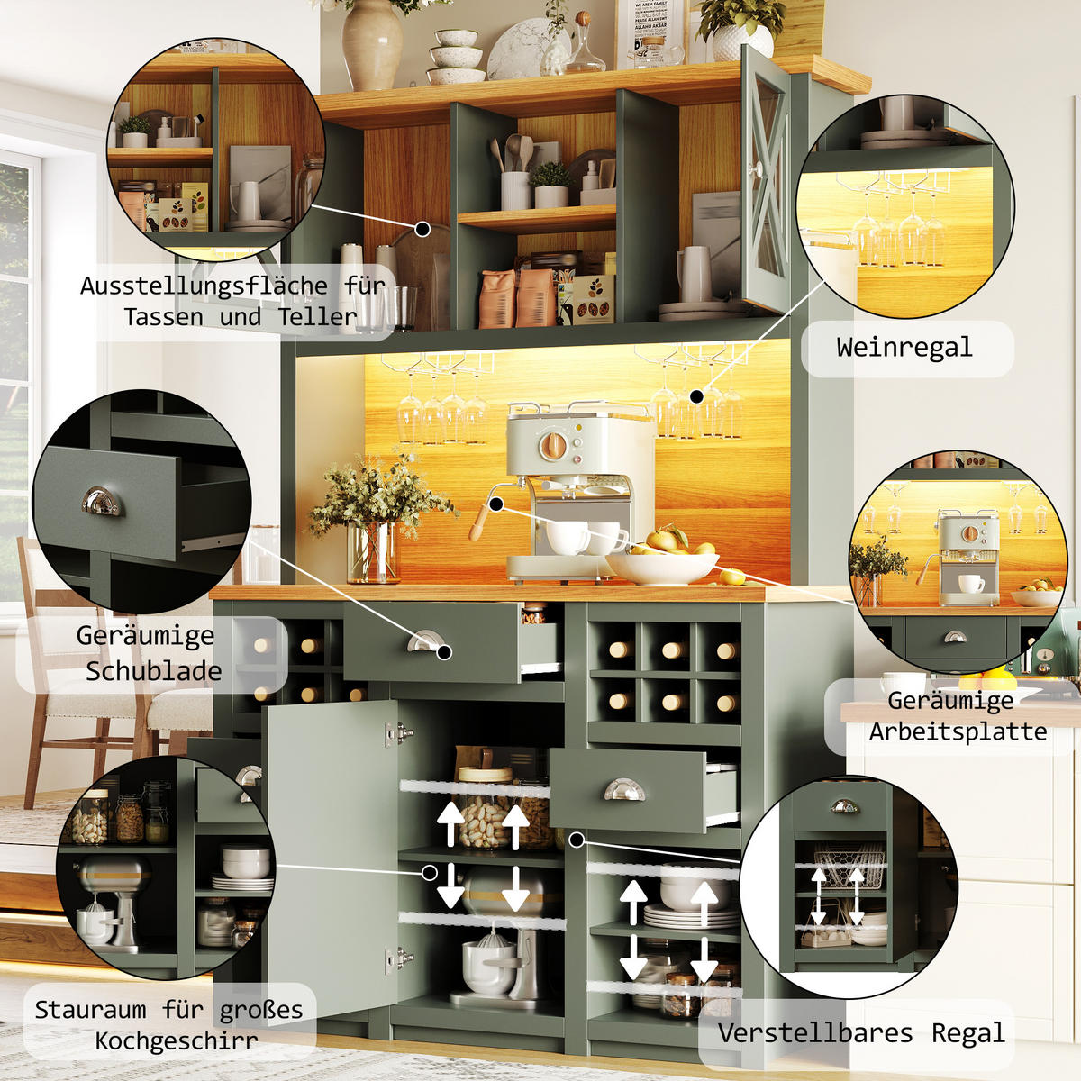 BUFFET 120/45/188 cm antikgrün aus MDF und Glas mit LED - Dunkelgrün, Holzwerkstoff (120/188/45cm) - OKWISH