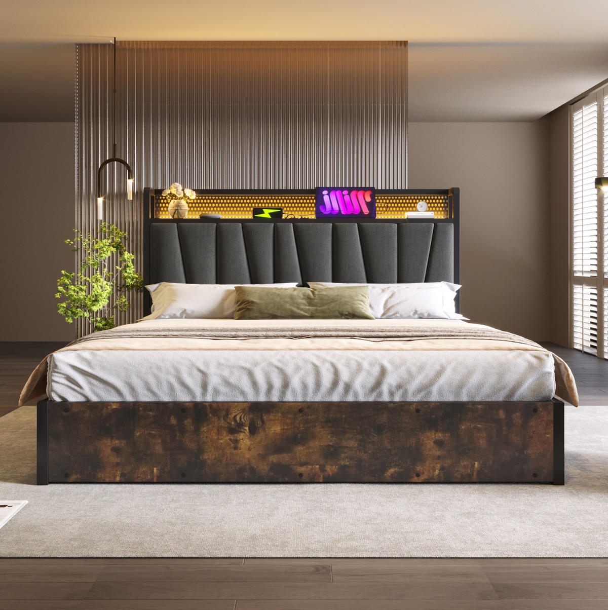 BETT mit LED-Kopfteil und Stauraum 180x200 cm Grau mit USB & Steckdosen - Grau, Metall (180/200cm) - Meubliv