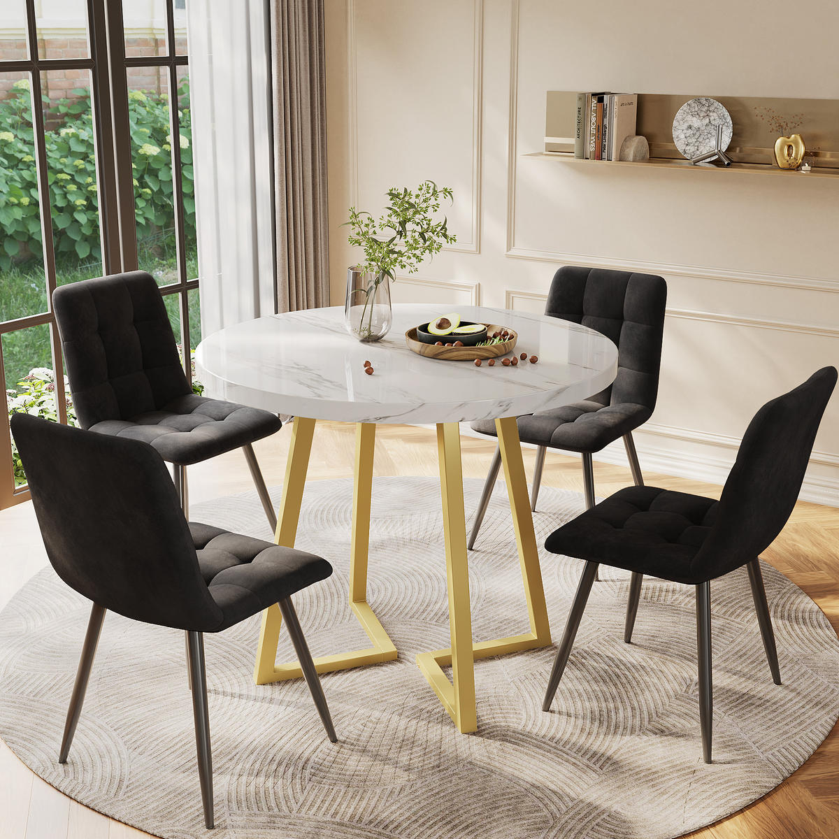 ESSZIMMER-SET 5-tlg mit rundem Tisch 80 cm Durchmesser aus Marmor-Spanplatte, 4 Samtstühlen und Metallgestell, weiß-schwarz - Schwarz, Holzwerkstoff (80/75/80cm) - Luhomfu