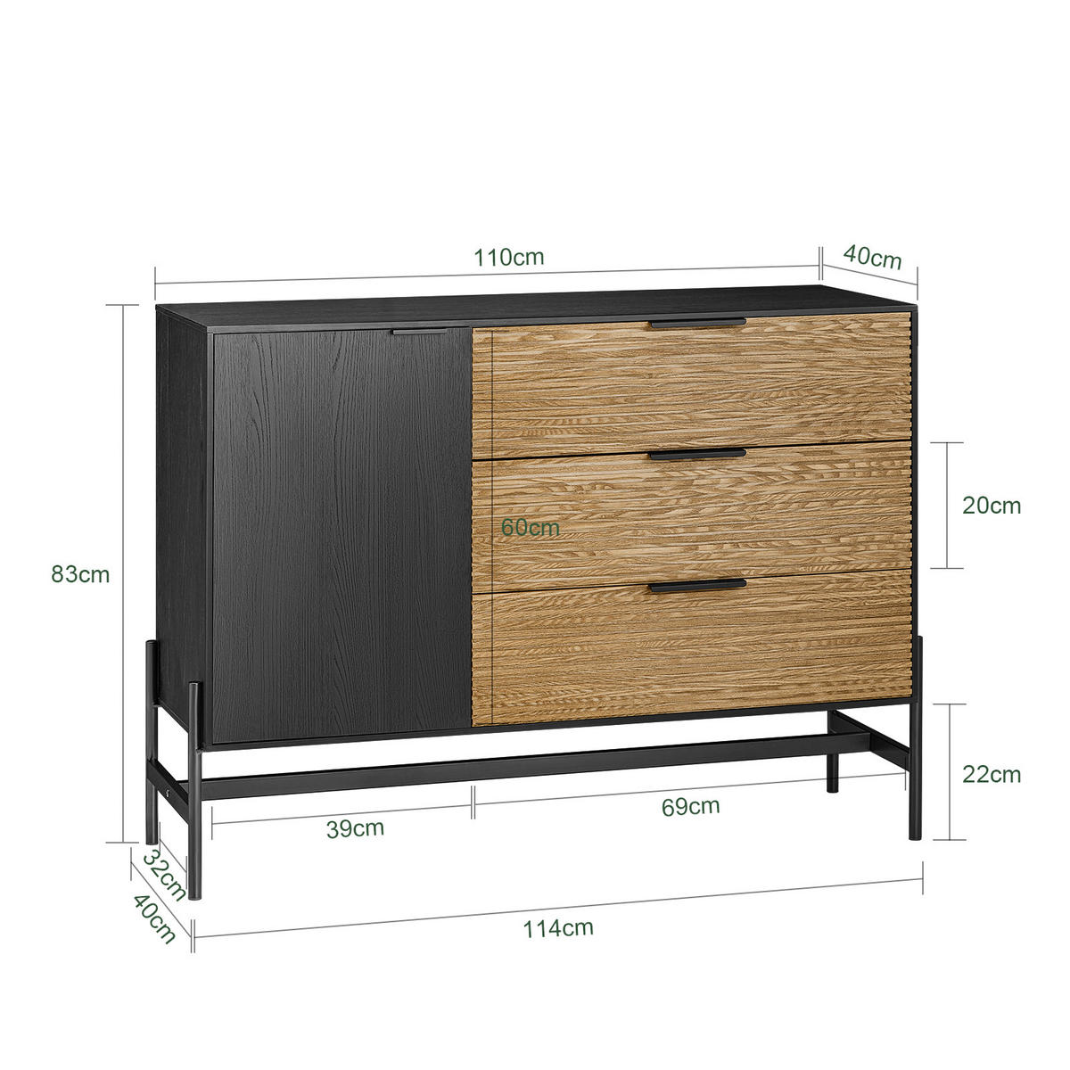 SIDEBOARD Schwarz-Natur - Schwarz/Naturfarben, Holzwerkstoff/Metall (114/83/40cm) - SoBuy