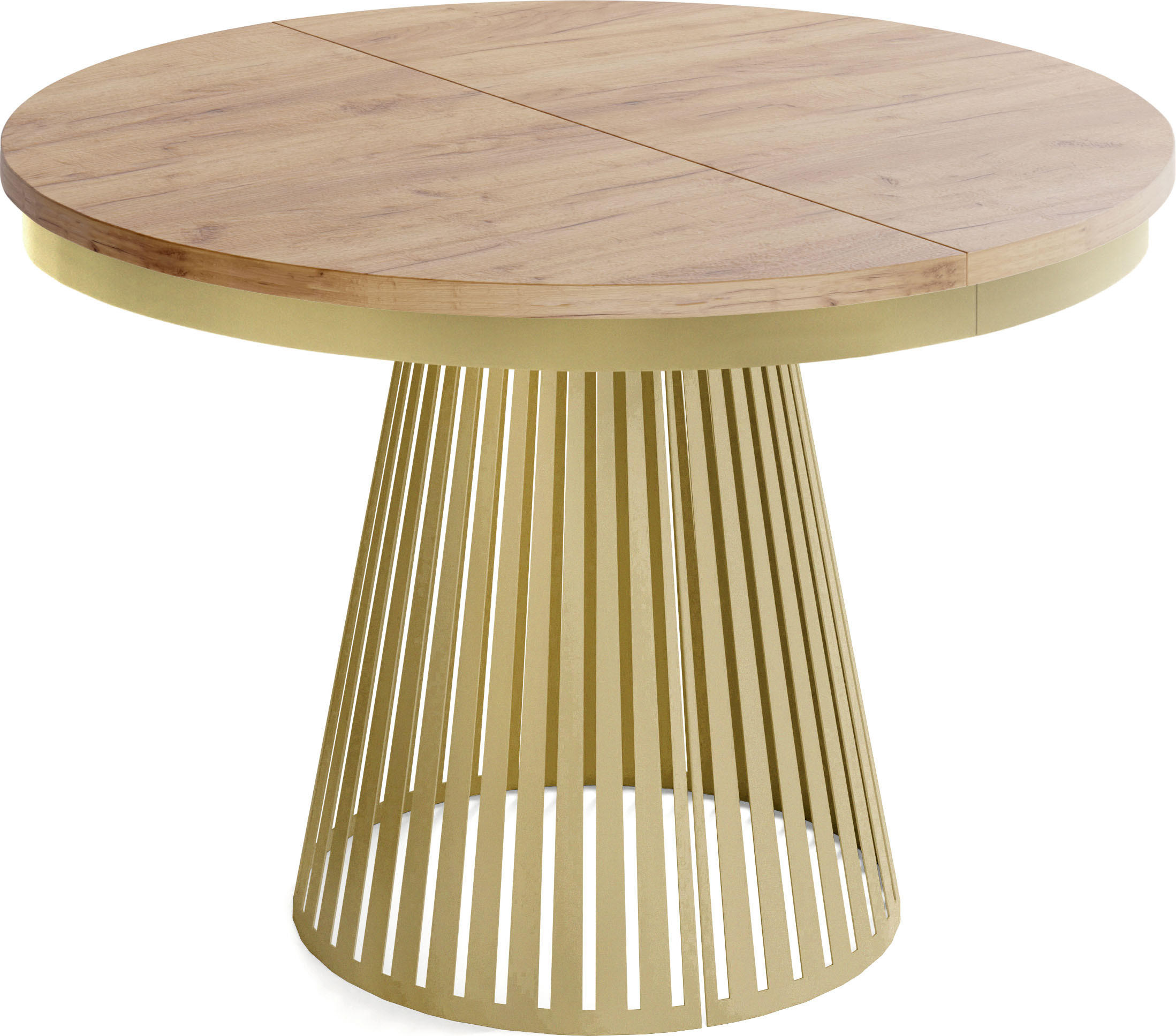 ESSTISCH Naro rund ausziehbar mit Goldem Lamellen-Metallgestell, Eiche Braun 100-180/100/76 cm - Eiche Wotan/Goldfarben, Holzwerkstoff/Metall (100/100/76cm) - WFL GROUP