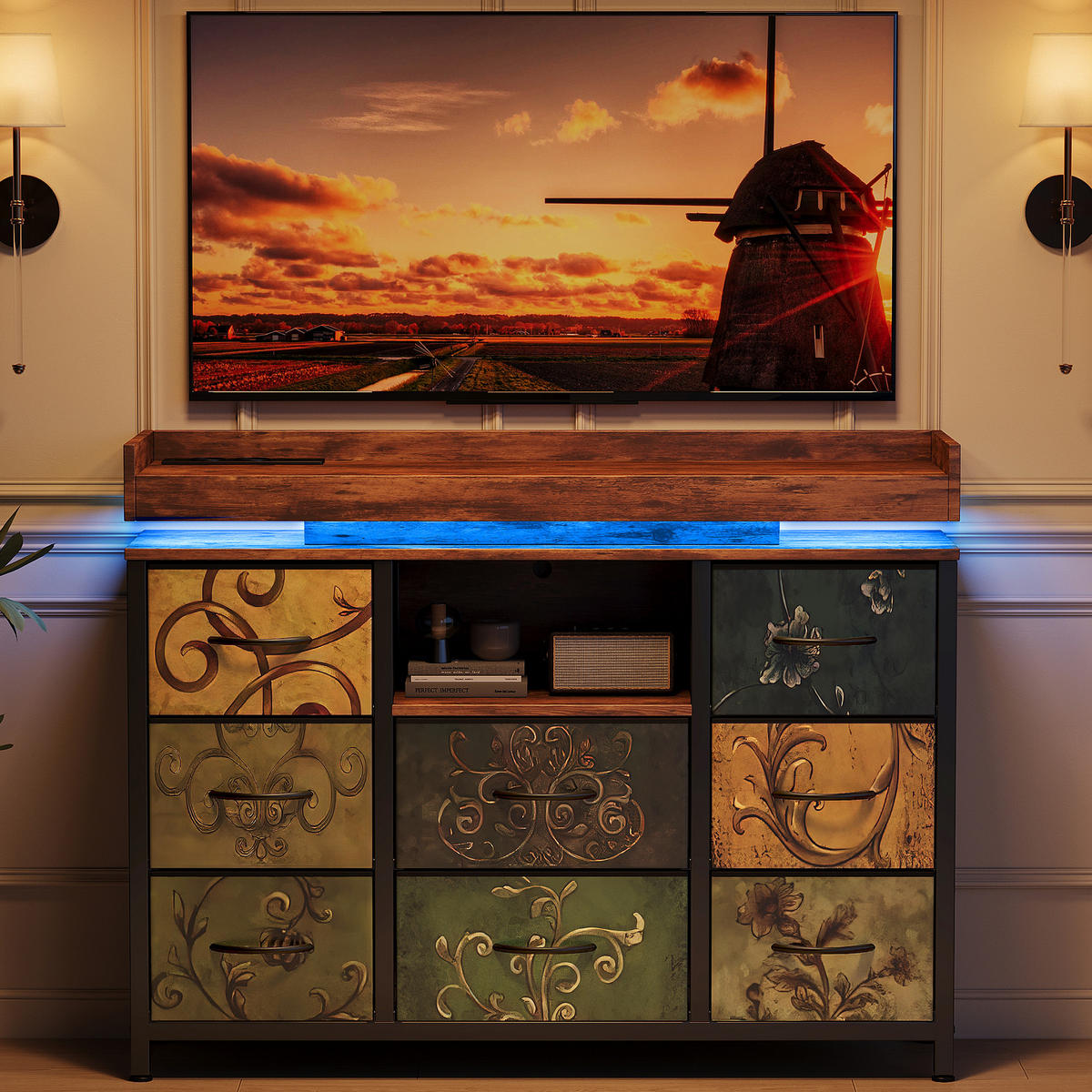 KOMMODE Vintage‑Blumen‑Design Stauraumschrank mit LED‑Beleuchtung 30/108/82 cm - Multicolor, Holz (108/82/30cm) - Joyfair