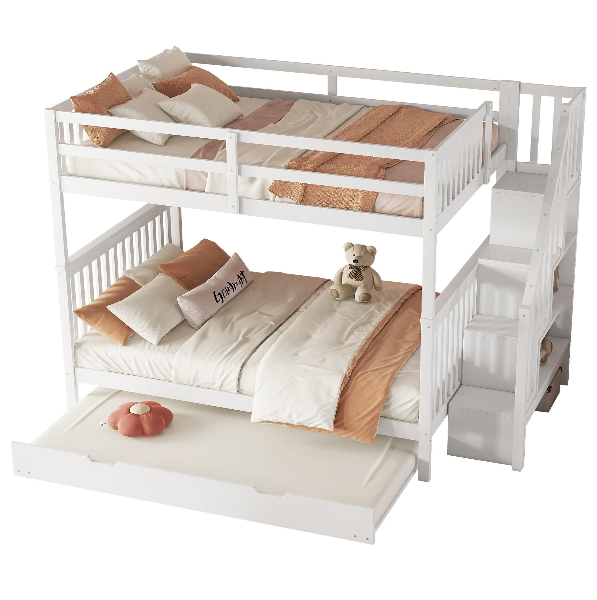 ETAGENBETT 140/200 cm mit Rollbett und Treppenregal in Weiß - Weiß, Holz (140/200cm) - BEAOK
