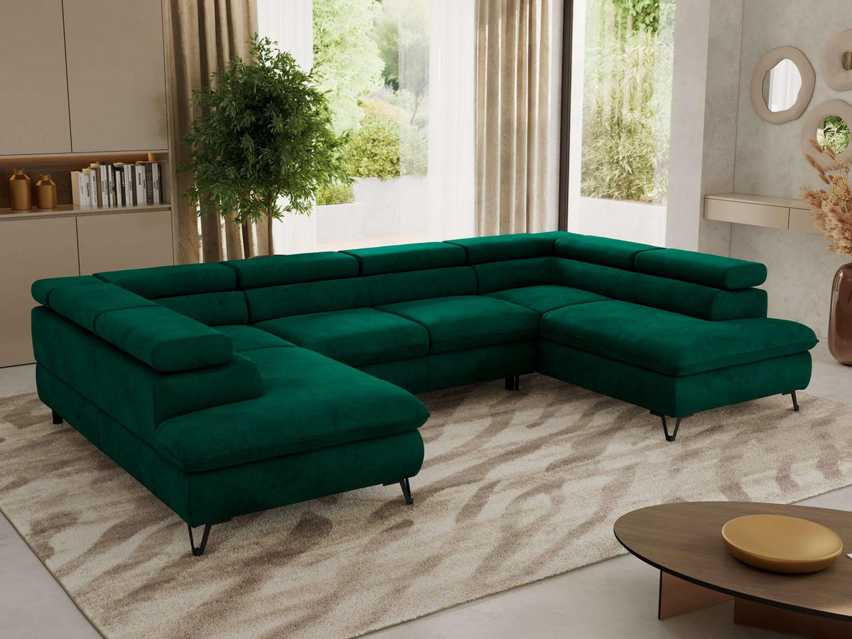 WOHNLANDSCHAFT PABLO U Velvet Dunkelgrün - Dunkelgrün/Schwarz, Textil/Metall (346/76/208cm) - MKS