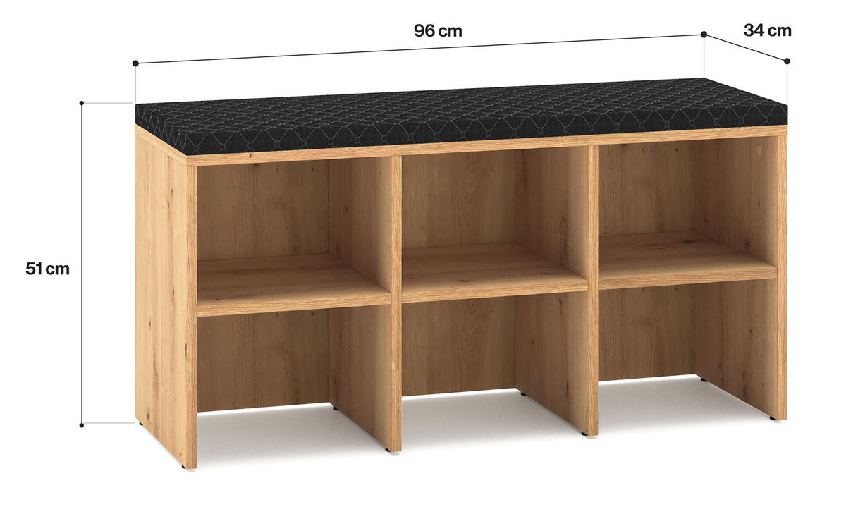 SCHUHBANK Renes Eiche Artisan / Schwarz 96 / 34 / 51 cm - Hellbraun/Schwarz, Holz/Holzwerkstoff (96/51/34cm) - Feldmann-Wohnen
