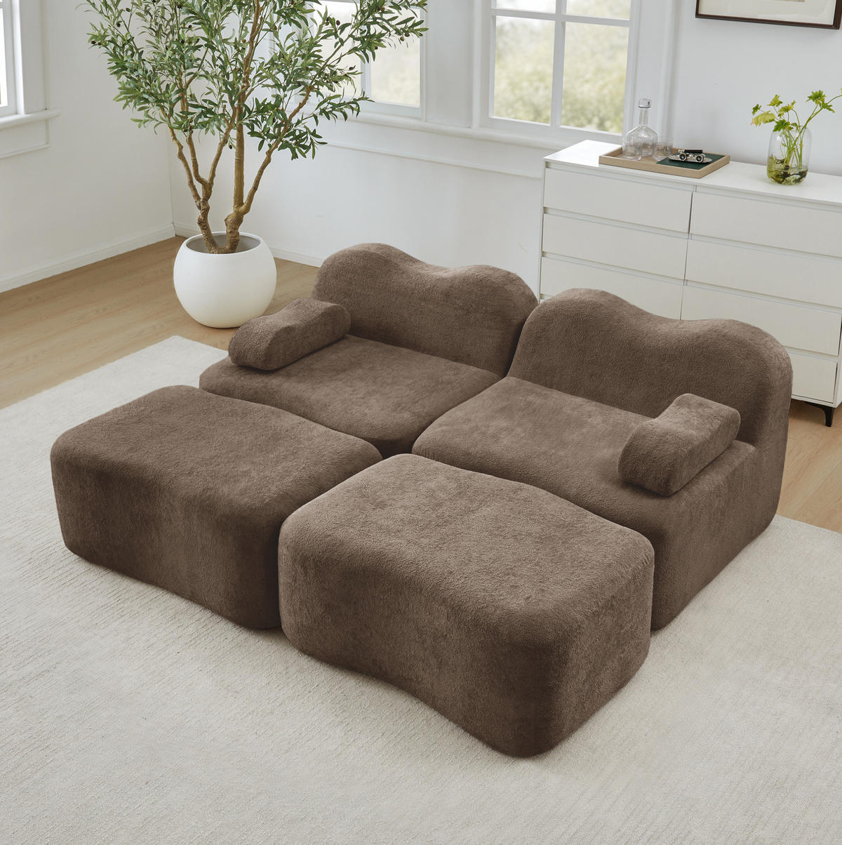 2-SITZER Sofa aus Samt Braun modular mit 2 Hockern, rahmenloses Design und beweglichem Armlehnenkissen - Braun, Textil (192/70/167cm) - Modfu