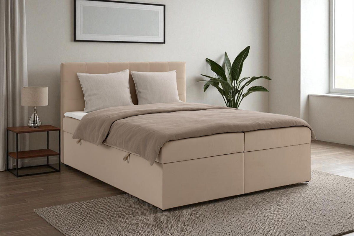 BOXBETT VELLIS mit Topper und Bettkasten, Beige, 200x200 cm - Beige, Textil (200/200cm) - KS Home Concept