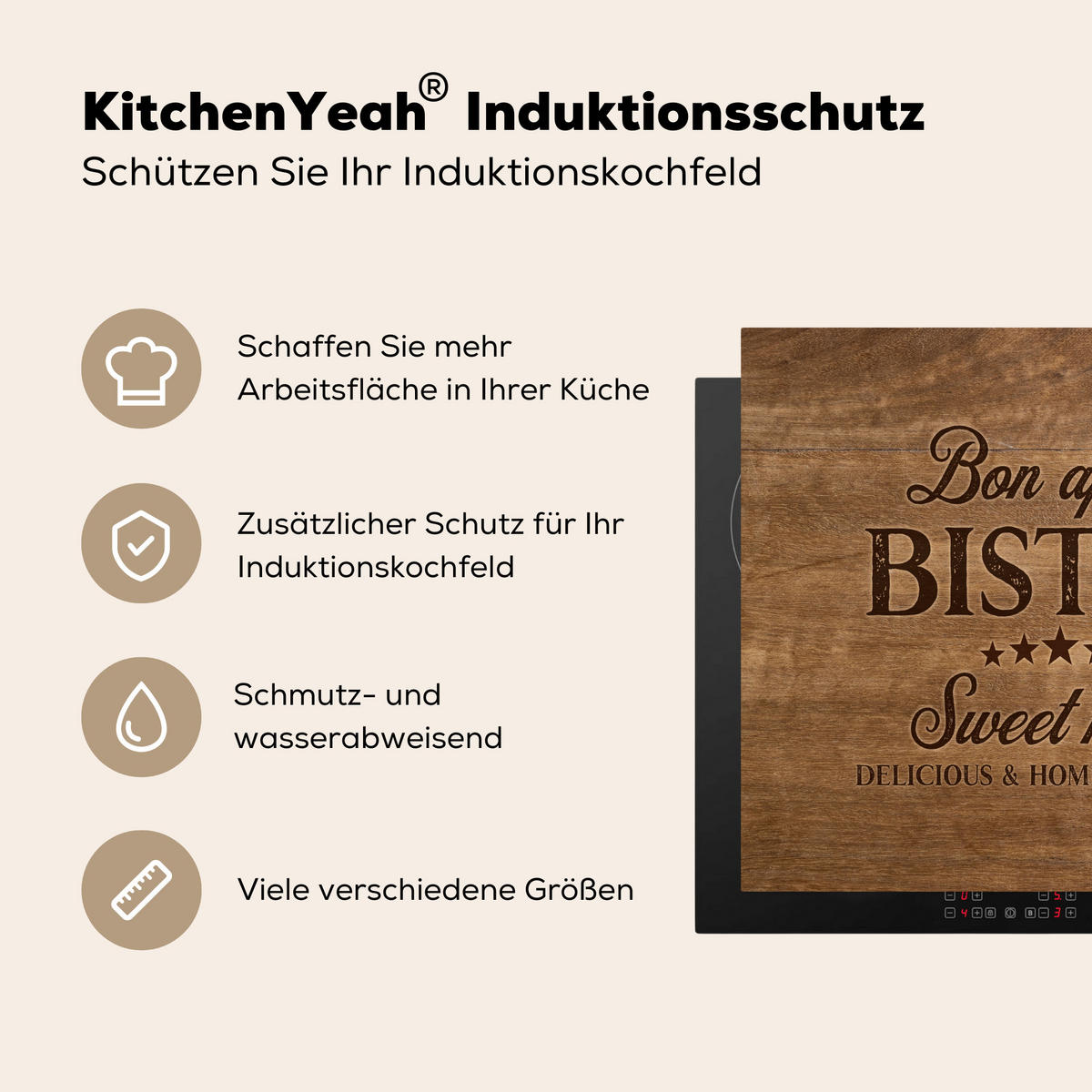 HERDABDECKPLATTE Zitat - Bistro - Guten Appetit - Süßes Zuhause - Holzmaserung 59x51 cm - Braun, Kunststoff (59/0.2/51cm) - MuchoWow