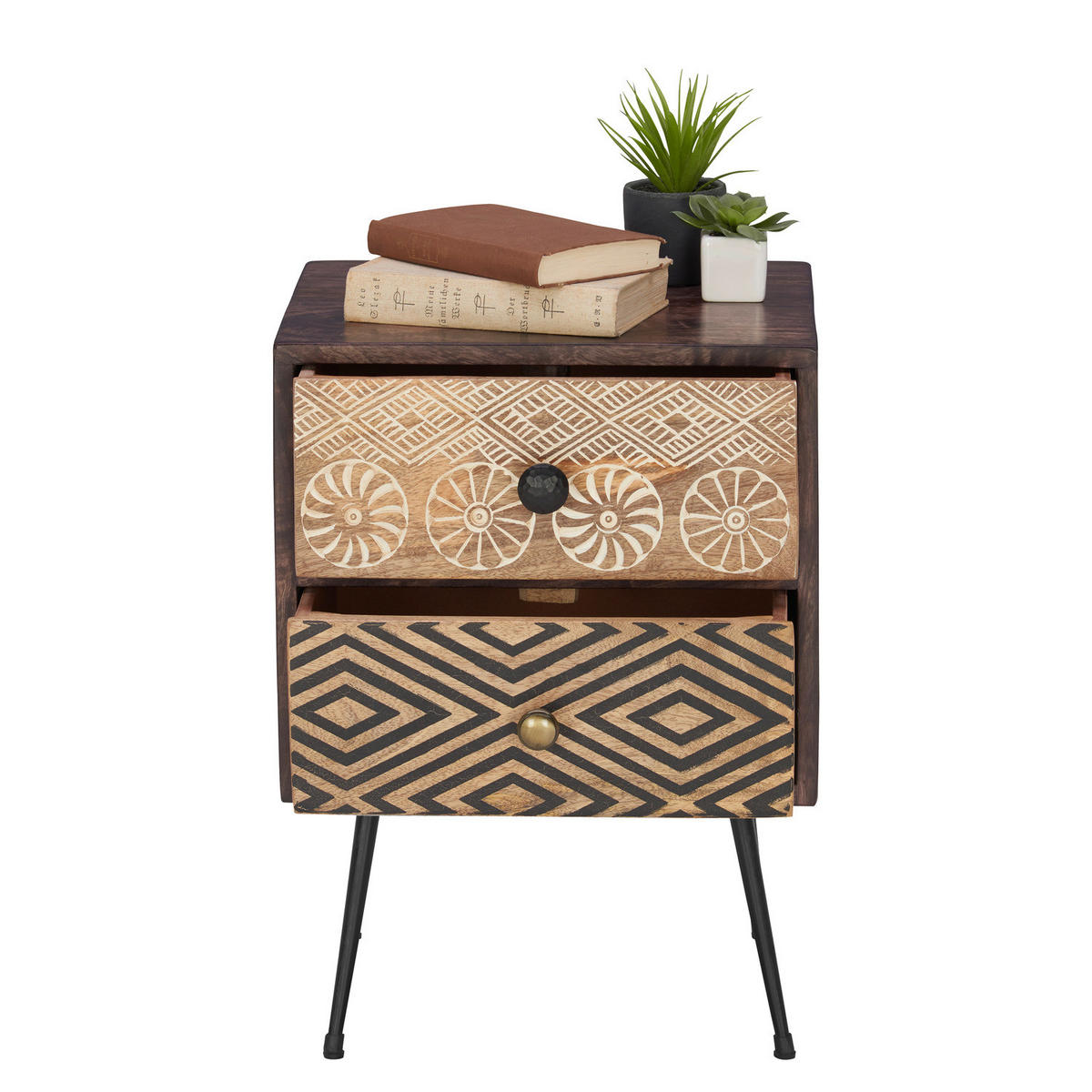 MASSIVE NACHTKOMMODE - Beige / Mango - Schwarz/Braun, Holz/Metall (40/55/35cm) - home24