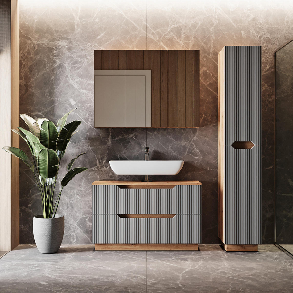 BADMÖBEL-SET Lotta Eiche/grau gestreift 3 Teile - Eichefarben/Grau, Holzwerkstoff (99.4/62.5/32cm) - Vicco