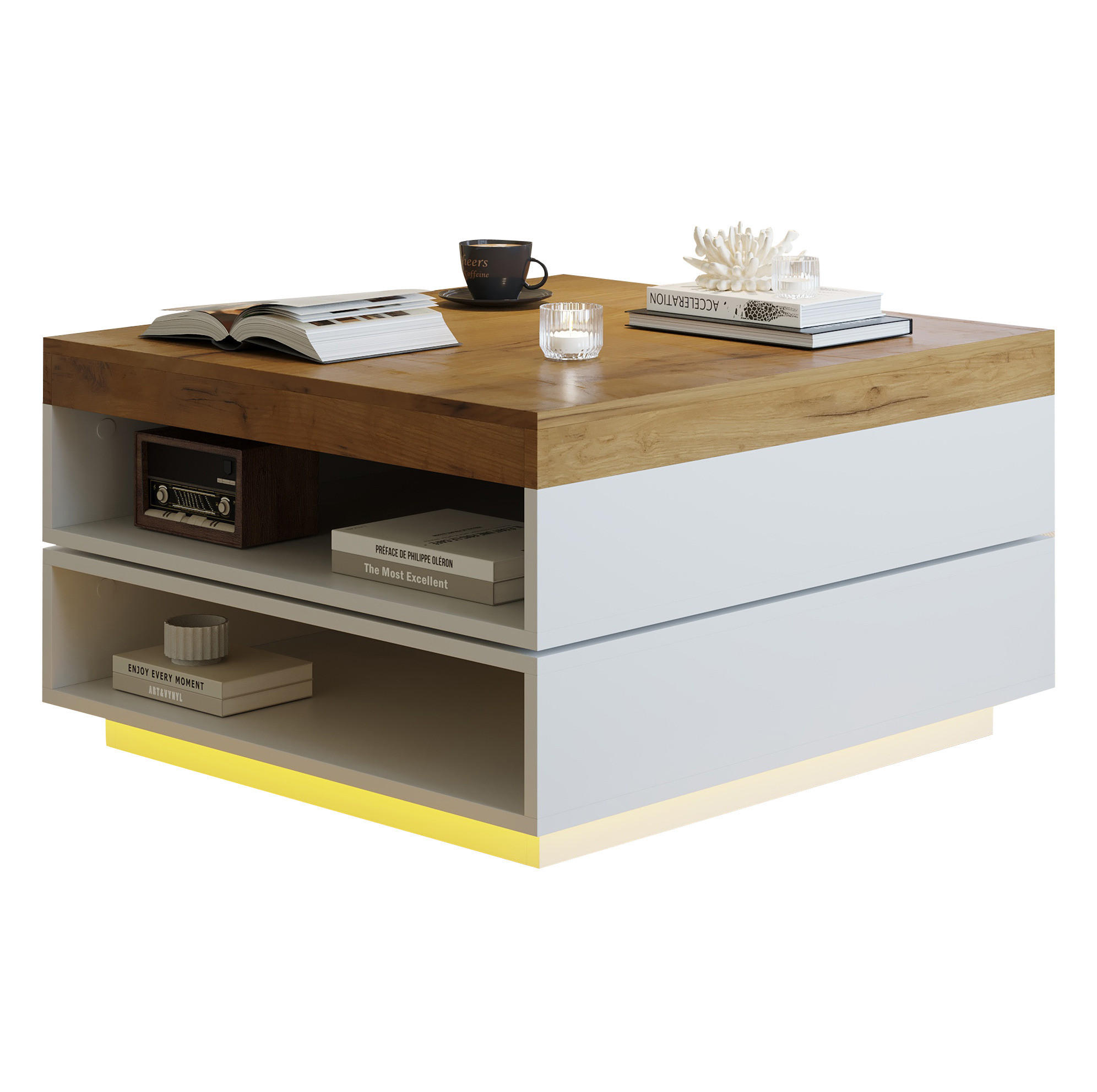 COUCHTISCH 65/65/40 cm Weiß/Holzton aus MDF mit 360° drehbarer Tischplatte und LED-Beleuchtung - Weiß, Holzwerkstoff (65/65/40cm) - OKMYHOME