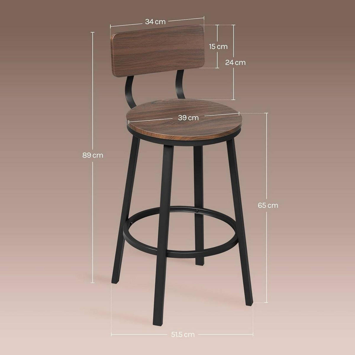 BARHOCKER 6er Set, Metallgestel, Dunkle Holzoptik - Nussbaumfarben/Schwarz, Holzwerkstoff/Metall (51.5/89/51.5cm) - Woltu