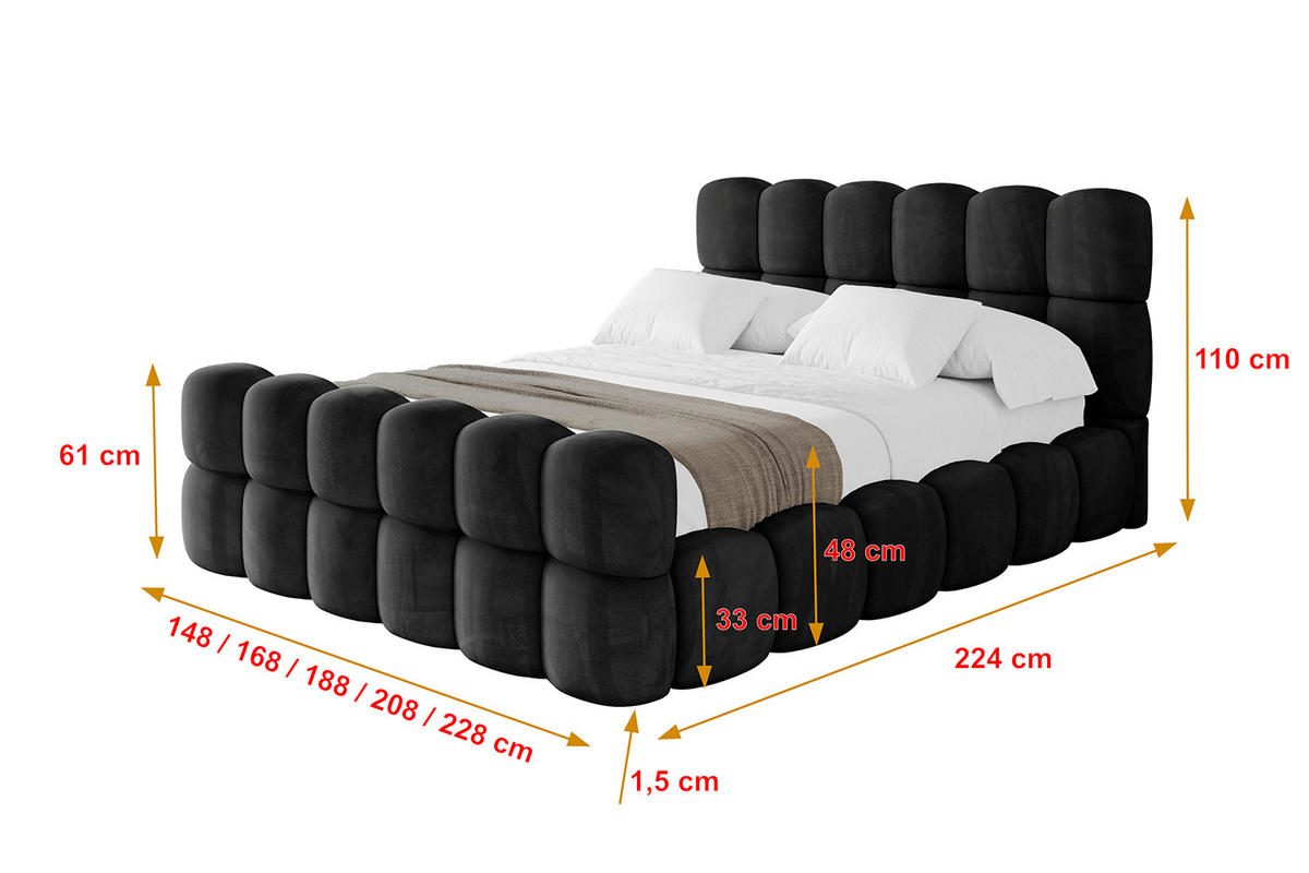 POLSTERBETT mit Bettkasten, Fußteil und Lattenrost, Bett mit Matratze H3/H4 - LEYA-Z 120x200 Schwarz - Schwarz, Holzwerkstoff/Textil (120/200cm) - ALTDECOR
