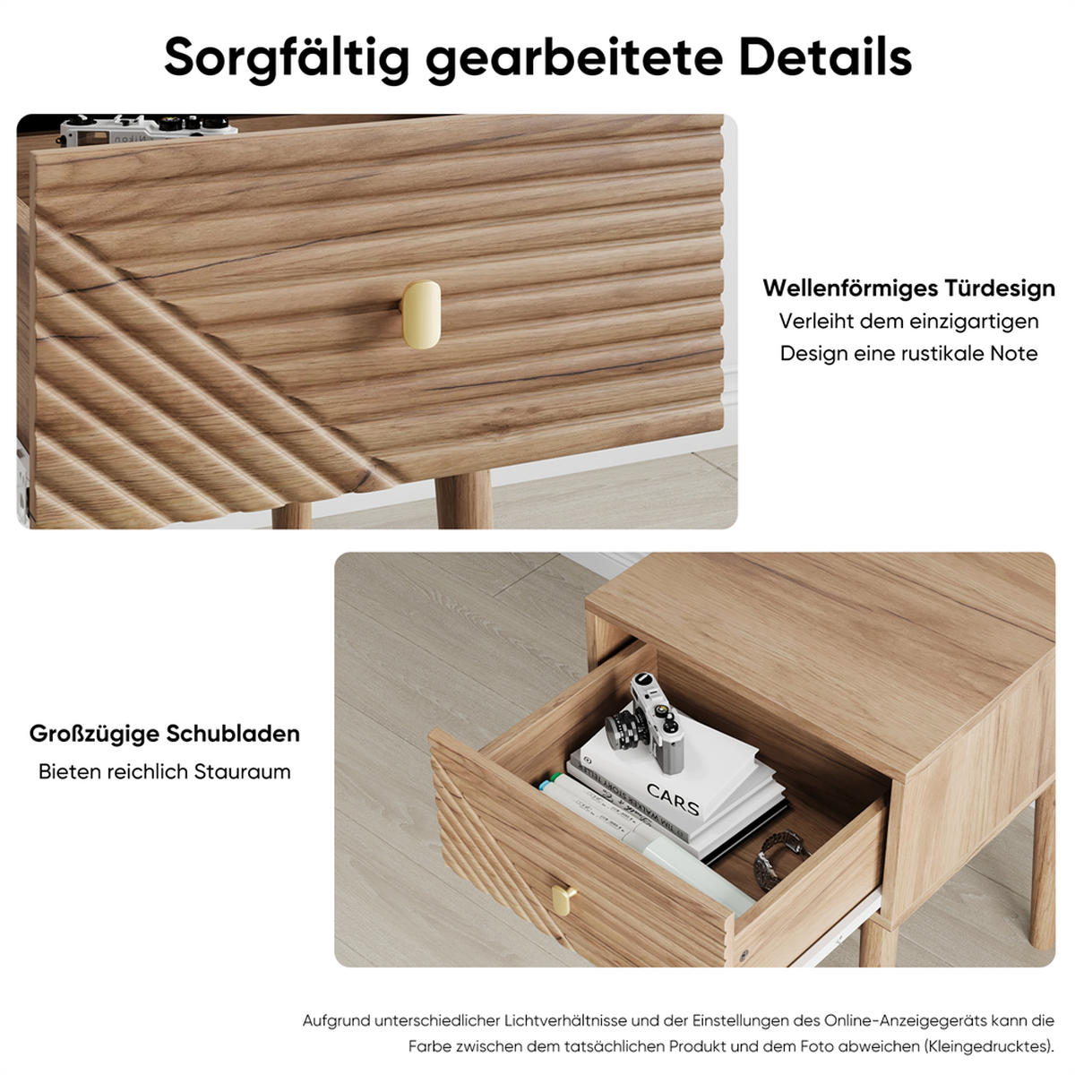NACHTTISCH mit Schublade & Goldener Griff - 40x 40 x 55 cm - 2er Set Nachttische in Eichenoptik mit Rillen-Muster - Eichefarben, Holzwerkstoff (40/55/40cm) - DELFA