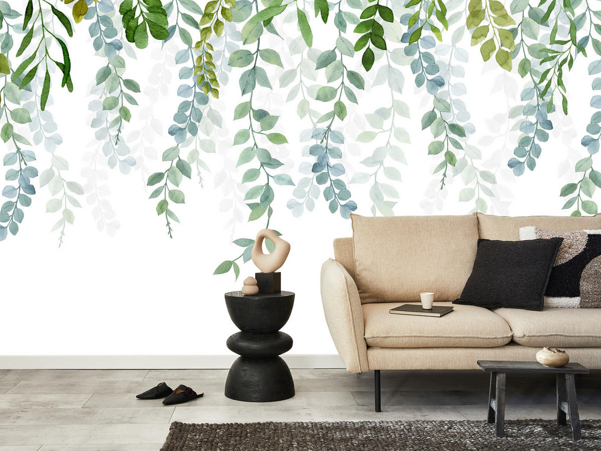 FOTOTAPETE für Schlafzimmer Zarte Ranken Blätter Kletterpflanzen Natur 150x105 - Weiß/Grün, Papier (150/105cm) - Muralo