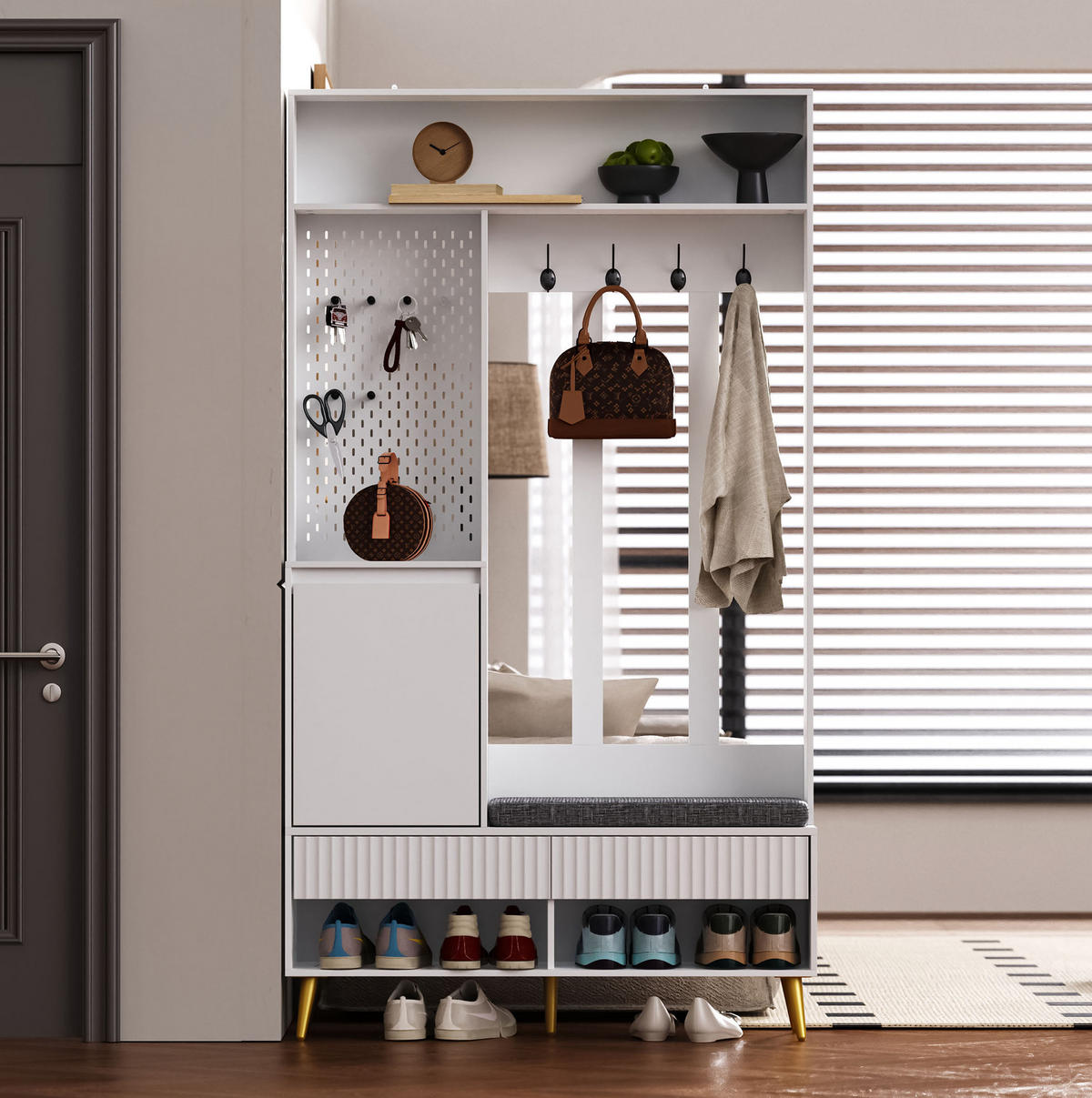 DIELENGARDEROBE mit Sitzbank, 4 Haken und Schuhablage, Weiß, 100/35/180 cm - Weiß, Holzwerkstoff (100/180/35cm) - BEAOK