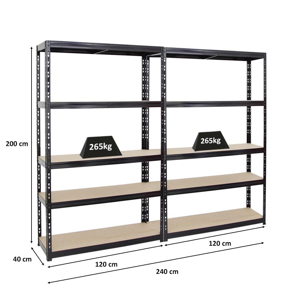 SCHWERLASTREGAL Giant Tiger 2er-Set mit 2x 200x120x40 cm Fachlast 265 kg 5-Ebenen Schwarz - Schwarz, Metall (240/200/40cm) - PROREGAL