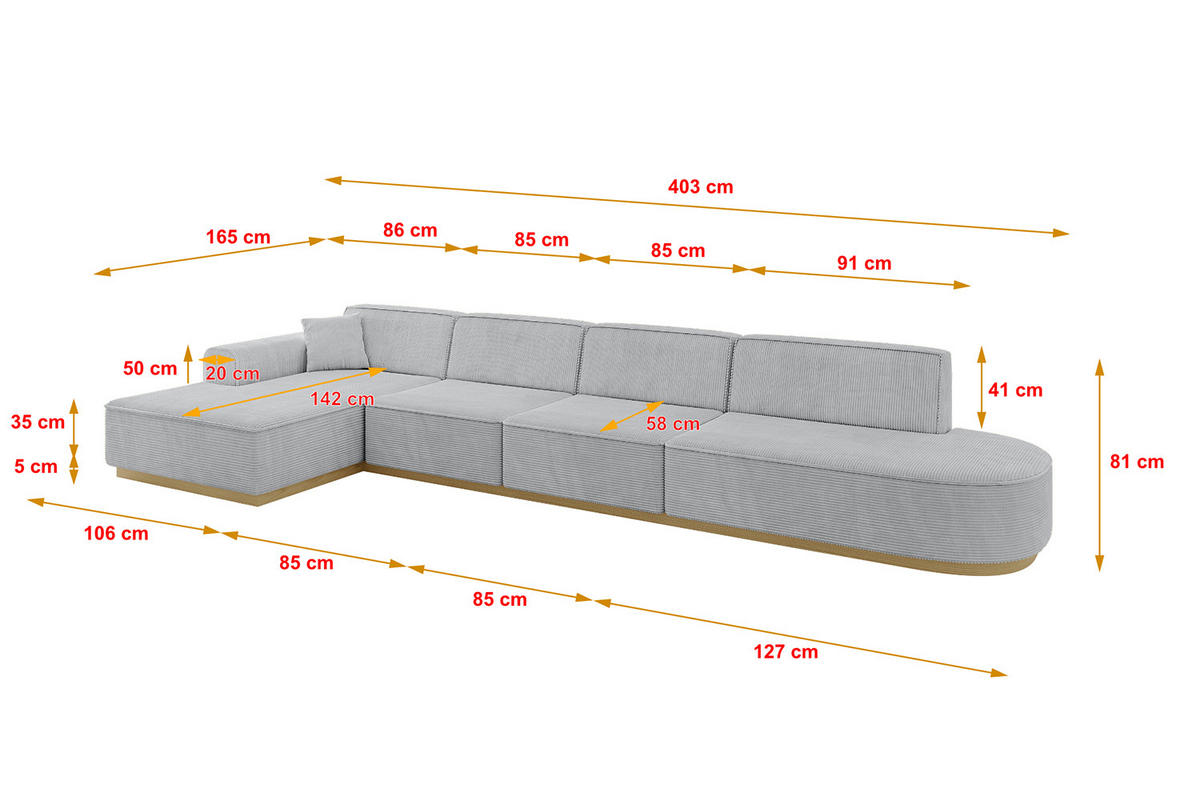 ECKSOFA Ottomane Links IREA-L3-v2 - 403x165x81 cm Grau - Grau, Holzwerkstoff/Textil (403/165cm) - ALTDECOR
