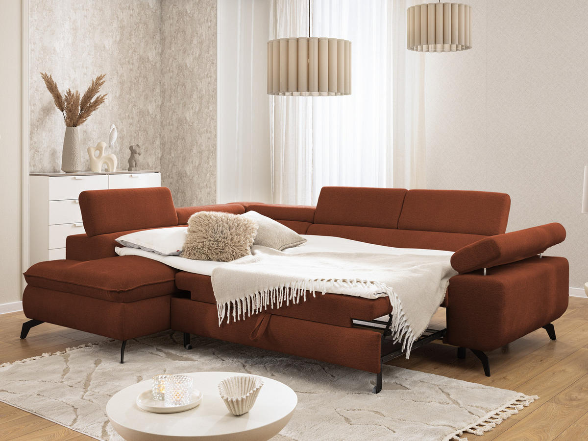 ECKSOFA mit Schlaffunktion und Bettkasten Bonnie aus Terrakotta Chenille-Stoff mit verstellbaren Kopfstützen und Armlehne - Ottomane links - Terracotta/Schwarz, Holz/Textil (275/210cm) - S-Style Möbel