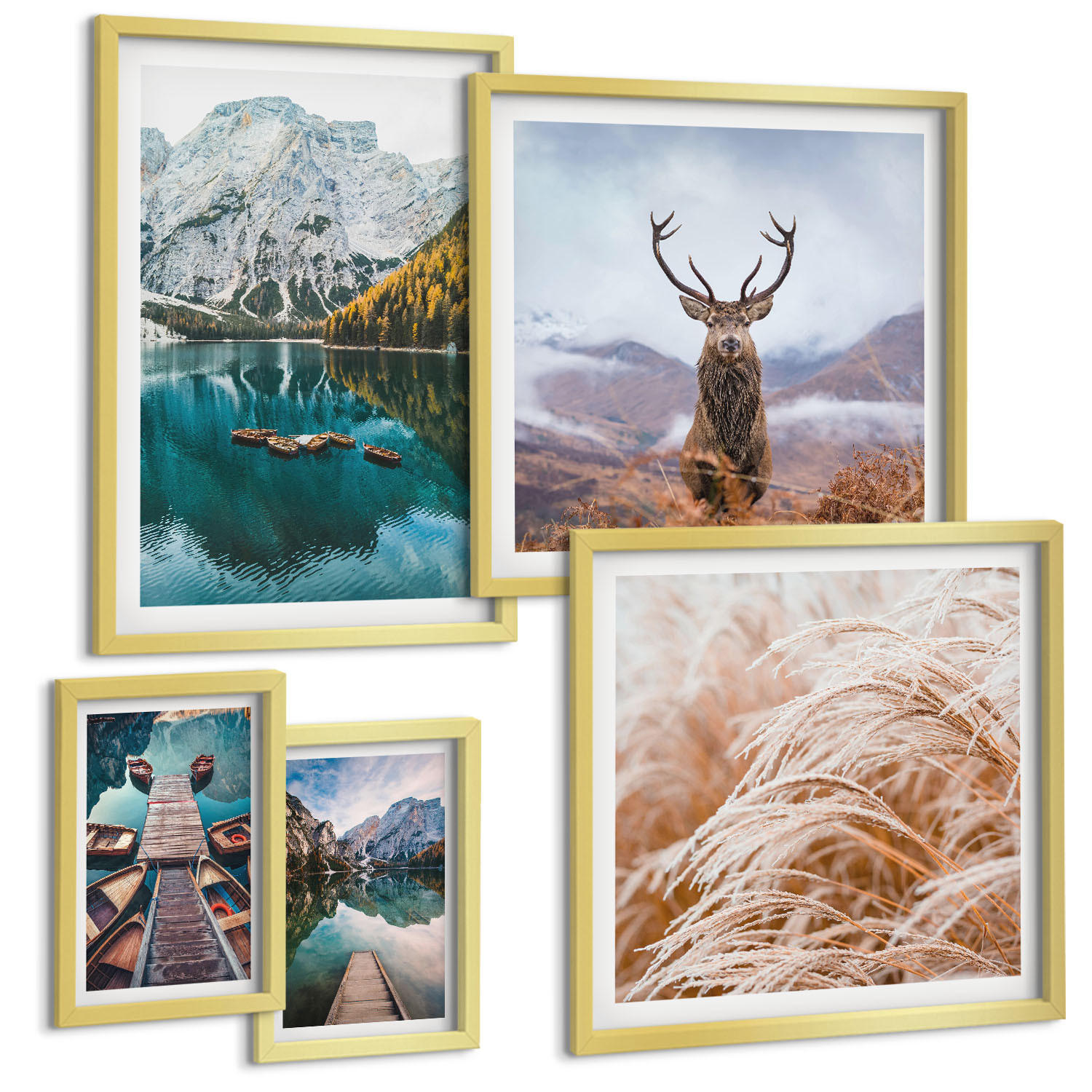 BILDER SET 5er Set - 50x50 cm & 20x30 cm & 40x60 cm Goldrahmen - Architektur der Kanäle von Venedig - Goldfarben, Kunststoff (40/60cm) - TULUP