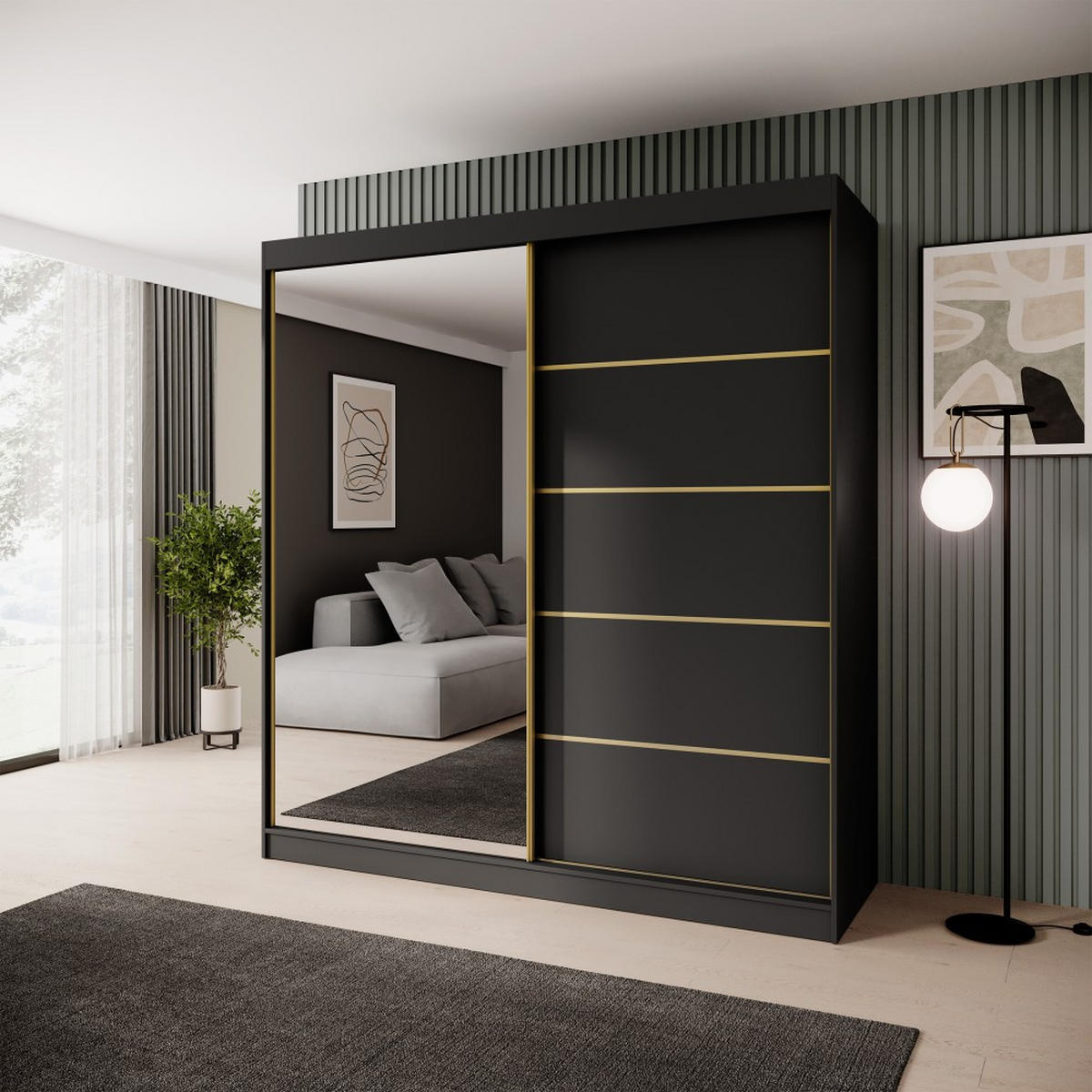 SCHWEBETÜRENSCHRANK Marika Lux, 2-Türig, mit Schubladen, Schwarz+Gold, 200 cm - Goldfarben/Schwarz, Holzwerkstoff (200/216/61cm) - Beautysofa