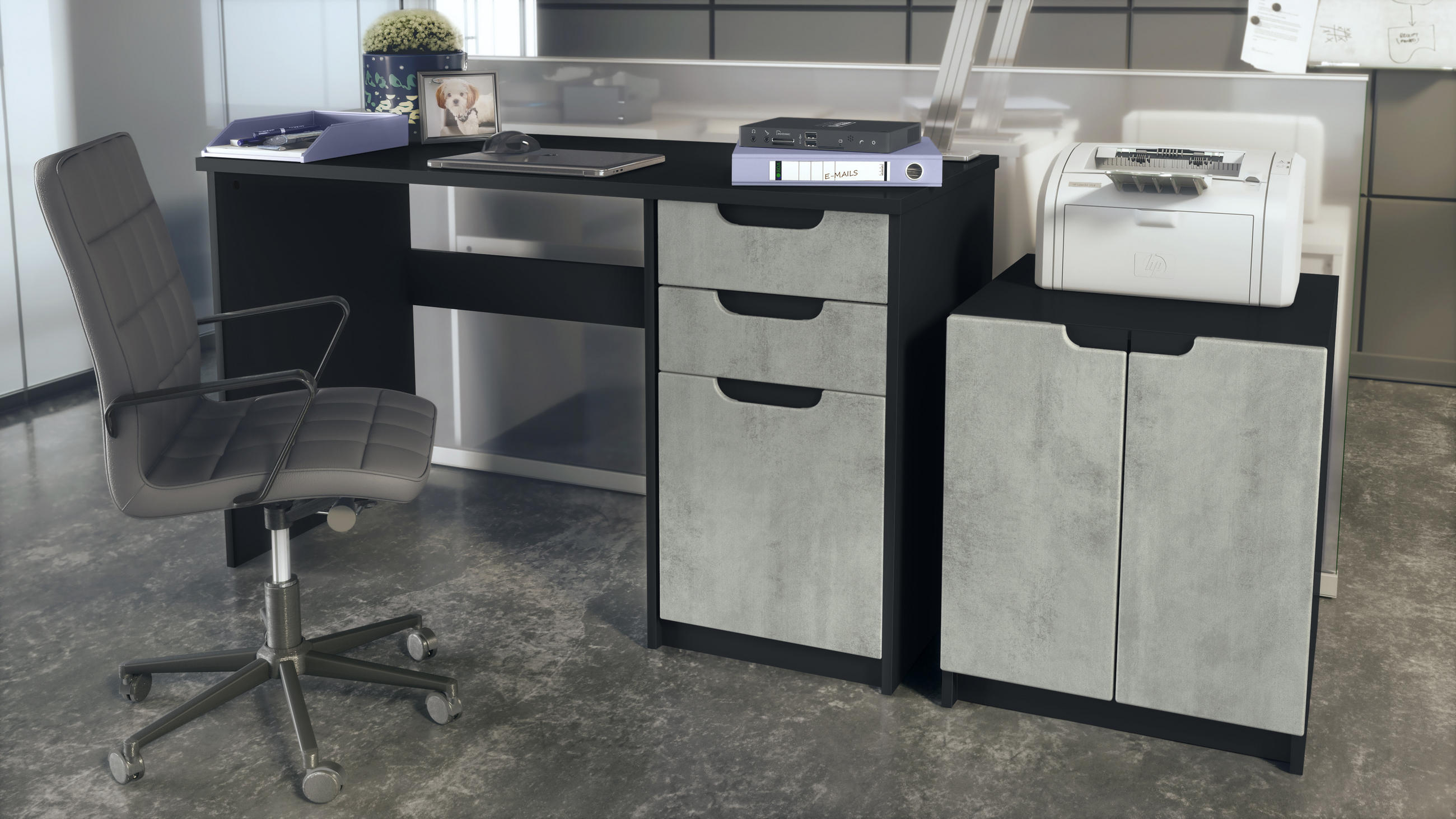 BÜROMÖBELSET Paris Beton Oxid Optik - Hellgrau, Holzwerkstoff (60/180/76cm) - Vladon