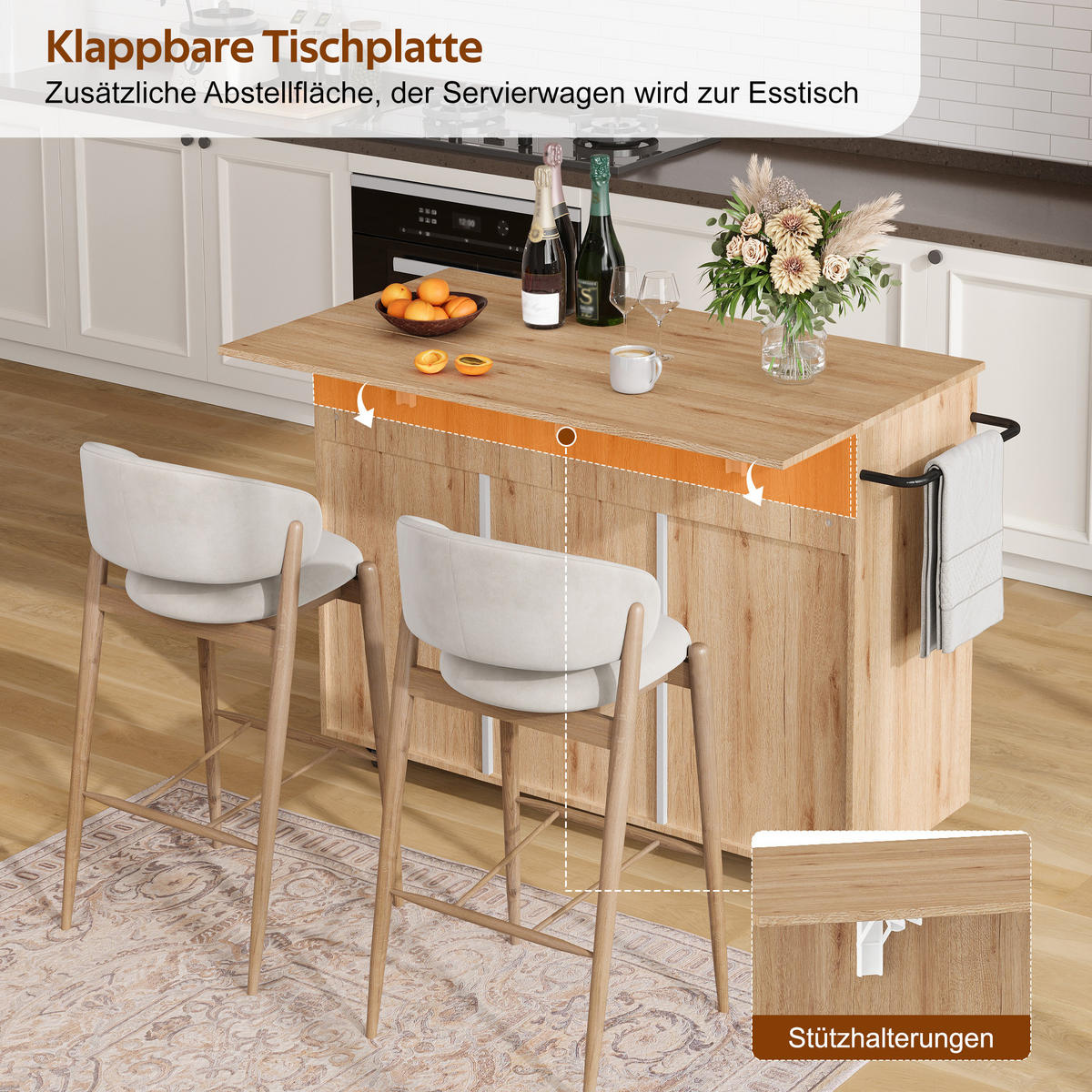 KÜCHENINSEL auf Rollen 120/65/91 cm Weiß mit klappbarer Arbeitsplatte und 2 Schublade - Silberfarben/Weiß, Holz/Holzwerkstoff (65/91/120cm) - Oxeza