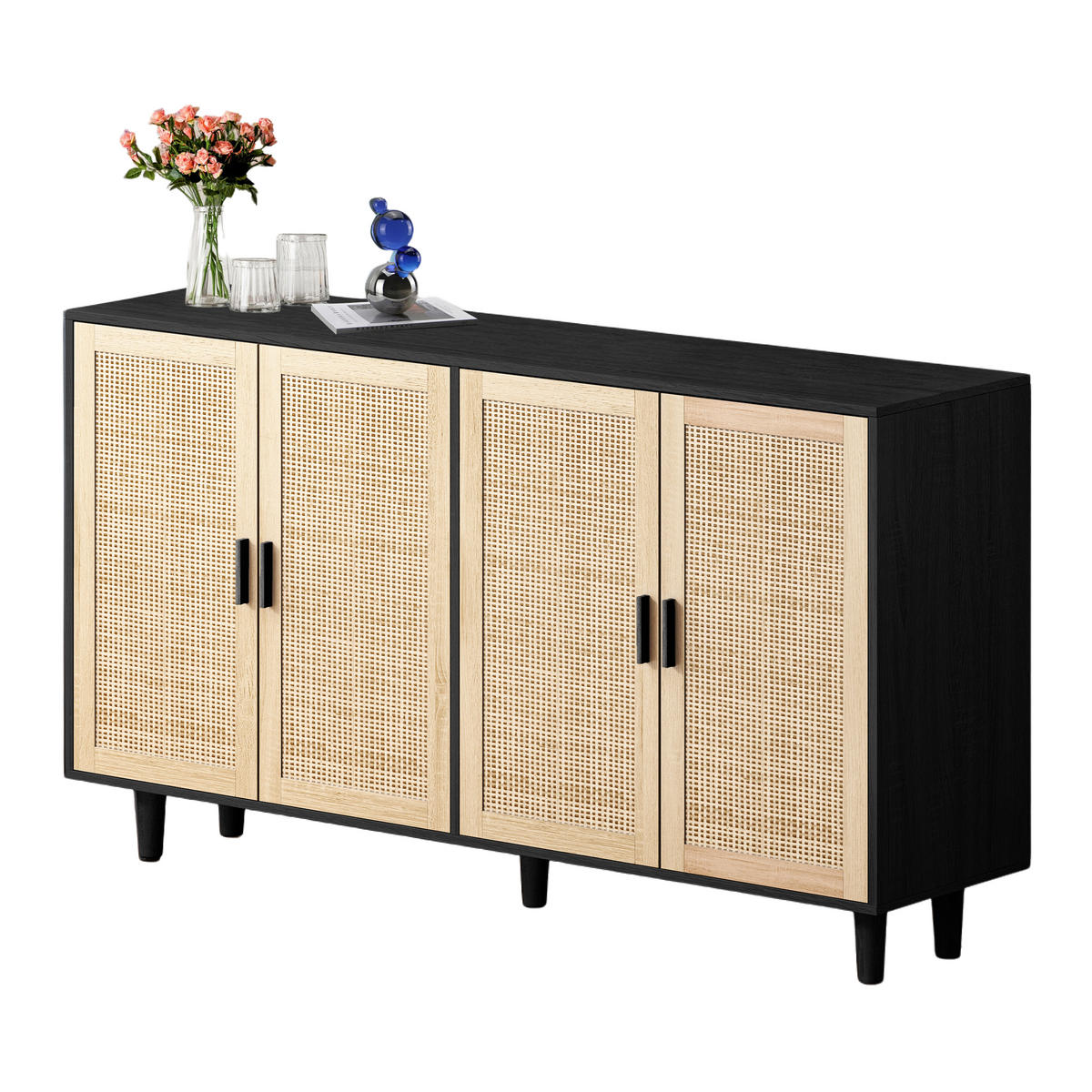 SIDEBOARD 158/40/88 cm schwarz aus Spanplatte mit Rattantüren - Schwarz, Holzwerkstoff (158/88/40cm) - OKWISH