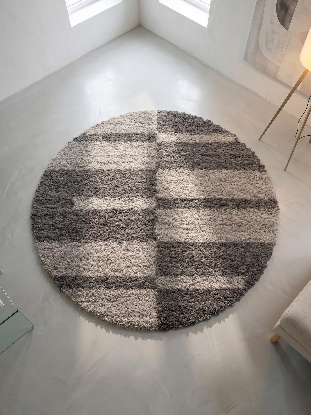 TEPPICH Wohnzimmer Hochflor Karo Weich Flauschig Waschbar OEKO-TEX Rund Taupe 200x200 cm – WERFEN - Braun, Textil (200/200cm) - KADIMA DESIGN