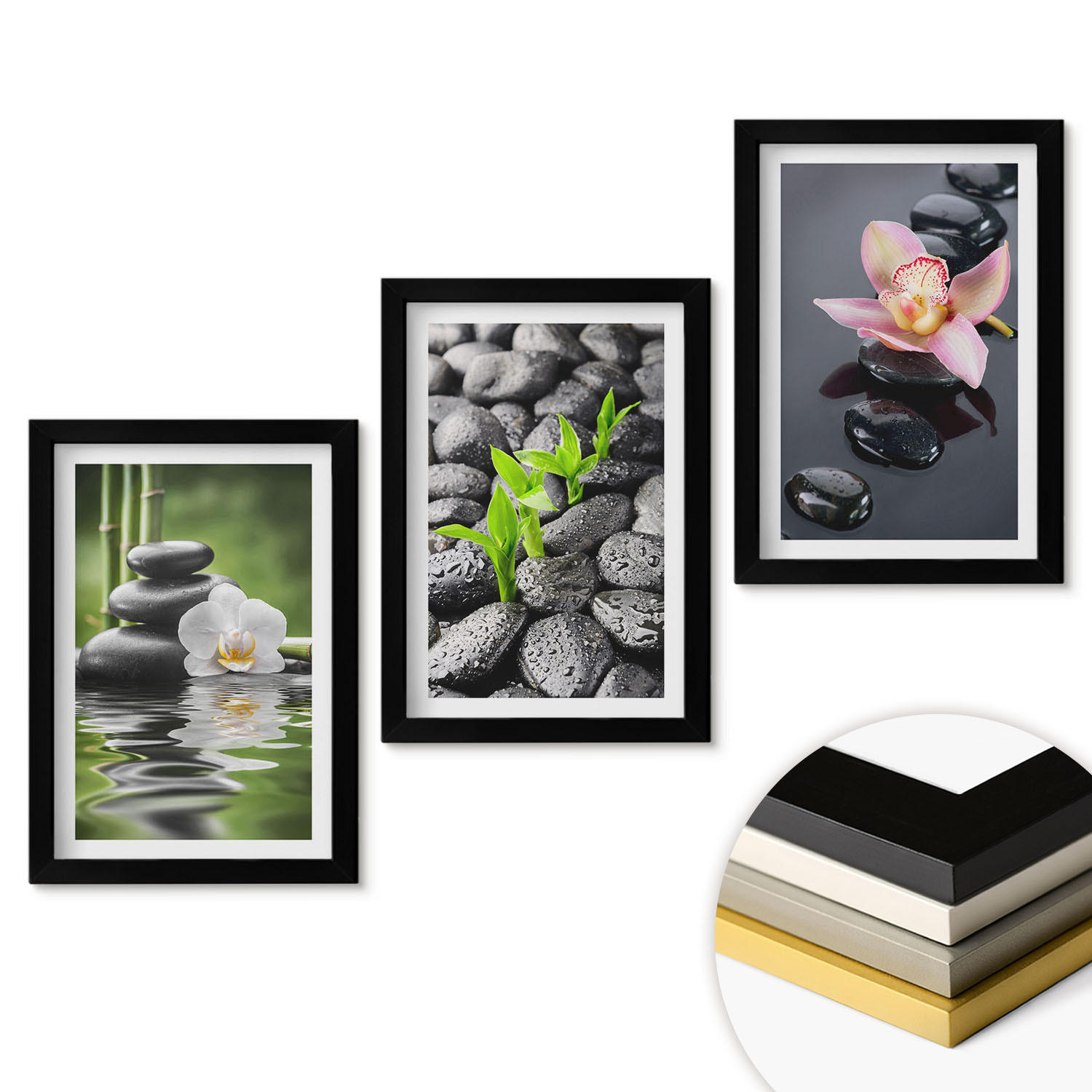 WANDBILDER 3er-Set - 20x30 cm Schwarzer Rahmen - Eine ruhige Zen-Komposition aus Blumen und Wasser - Schwarz, Kunststoff (20/30cm) - ArtPrintCave