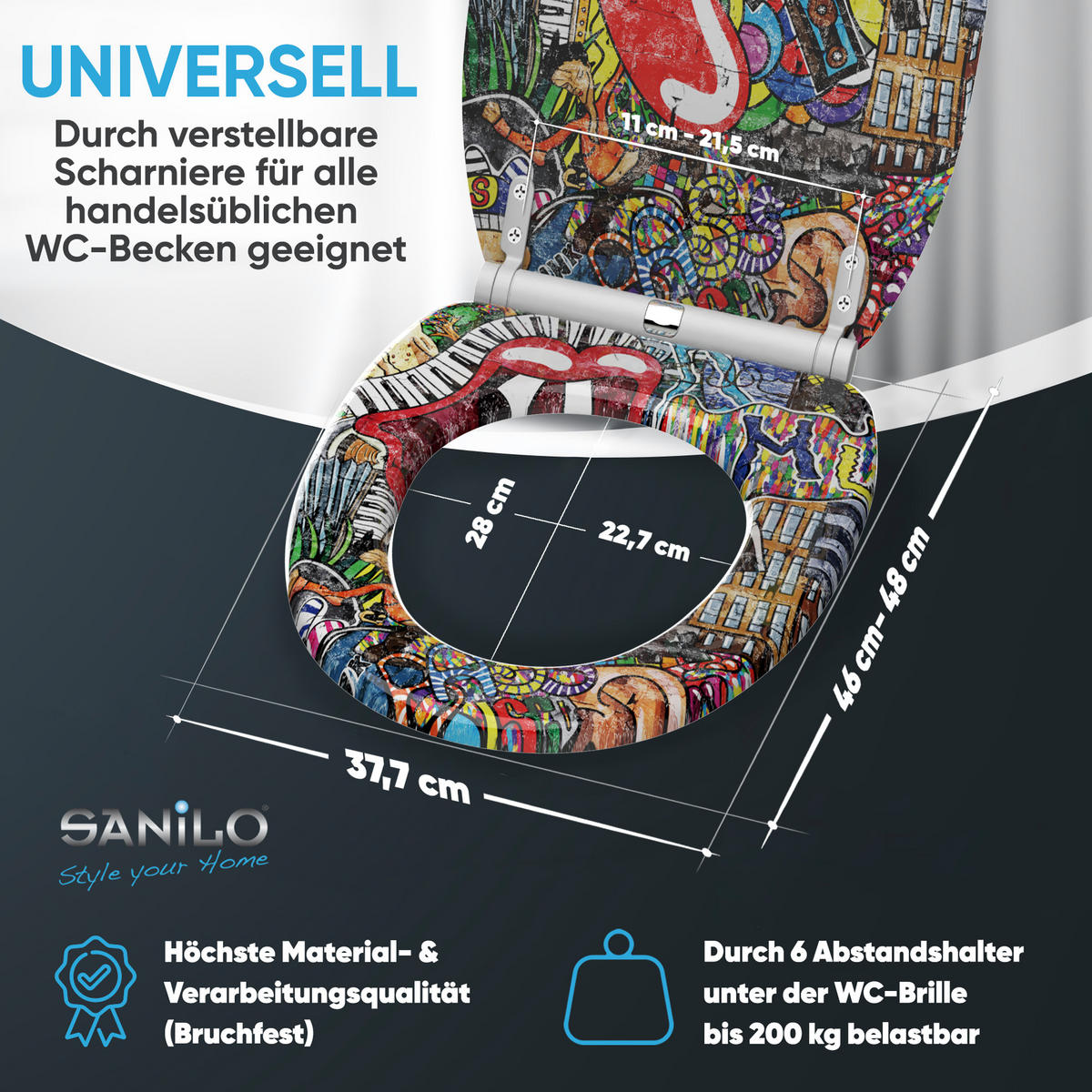 WC-SITZ mit Absenkautomatik & Top Fix Graffiti - Rot, Holzwerkstoff (37.7/5.5/48cm) - Sanilo