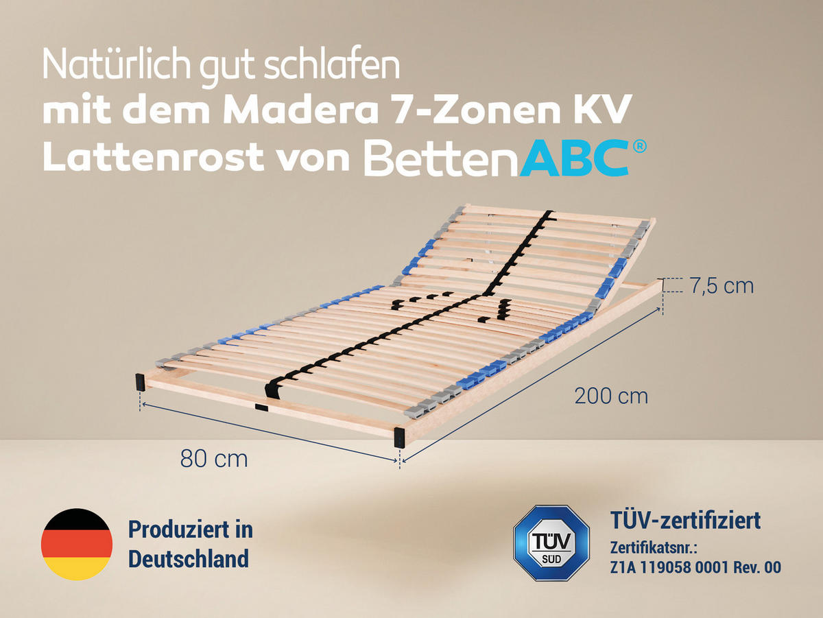 LATTENROST Madera, 7 Zonen, zur Selbstmontage, Größe: 80x200 - Kopfteilverstellung - Braun, Holz (80/200cm) - Betten-ABC