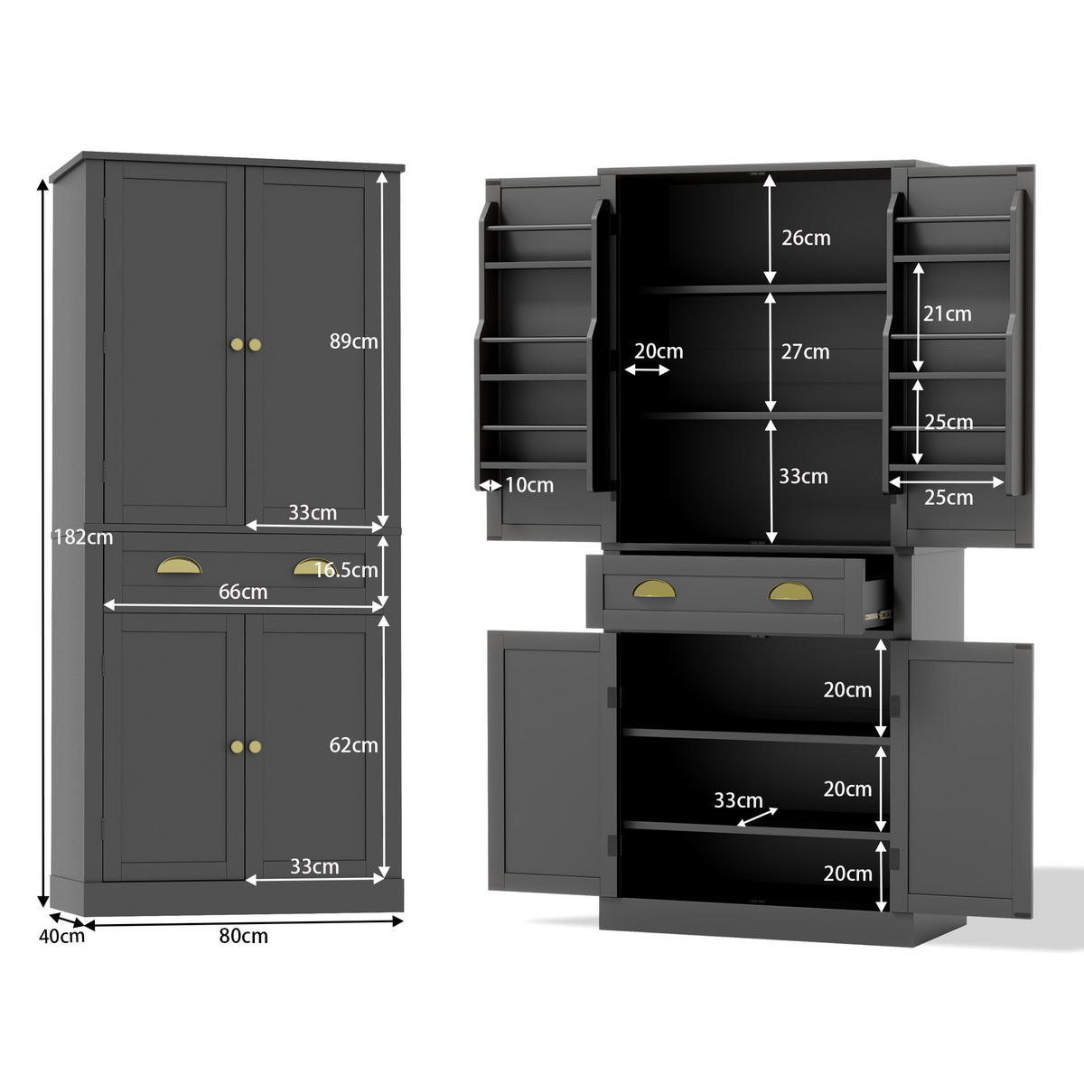 GESCHIRRSCHRANK 80/40/182 cm Schwarz mit 4 Türen, 1 Schublade und 6 Staufächer - Schwarz, Holz (80/182/40cm) - Oxeza