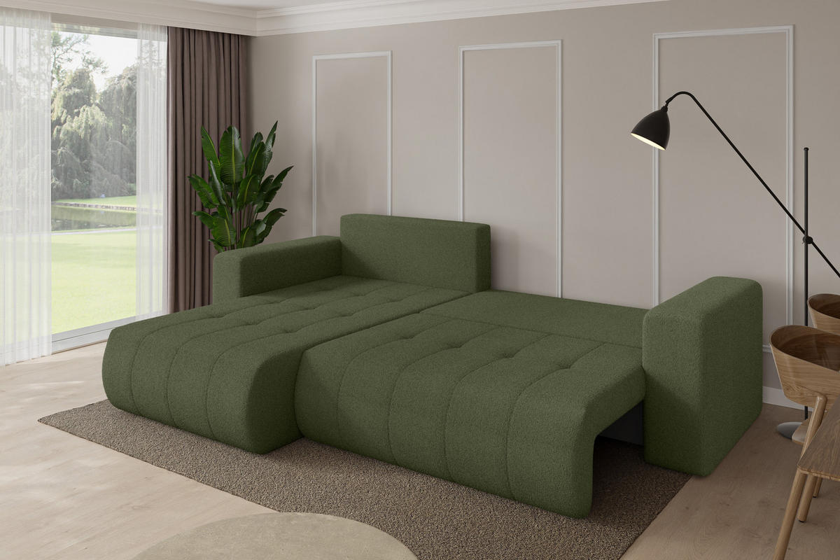 ROHOVÁ SEDAČKA s funkcí spaní, otoman vlevo MILA-L 277x194x86 zelená bouclé - černá/zelená barva, kompozitní dřevo/textil (277/194cm) - ALTDECOR